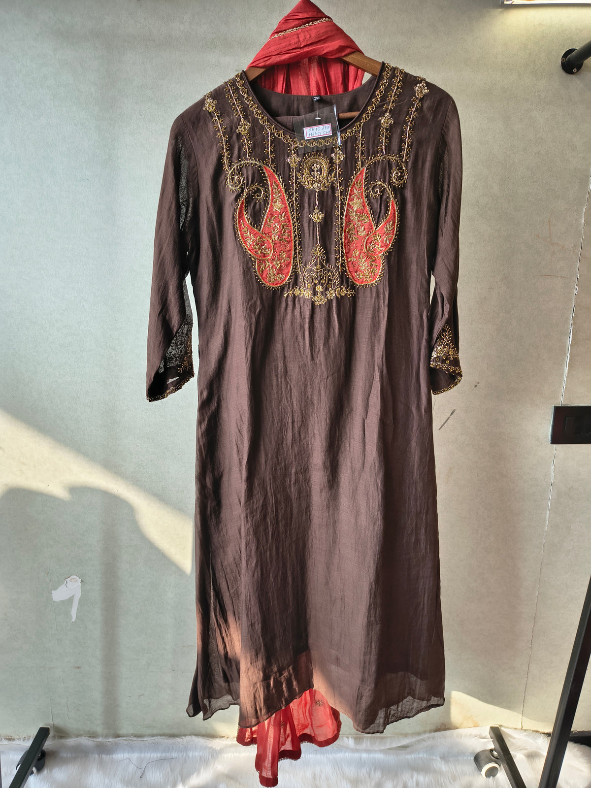 Midnight Black Embroidered Straight Kurta Set with Statement Paisley Yoke, Contrast Crimson Dupatta & Premium 3 Piece Ethnic Ensemble