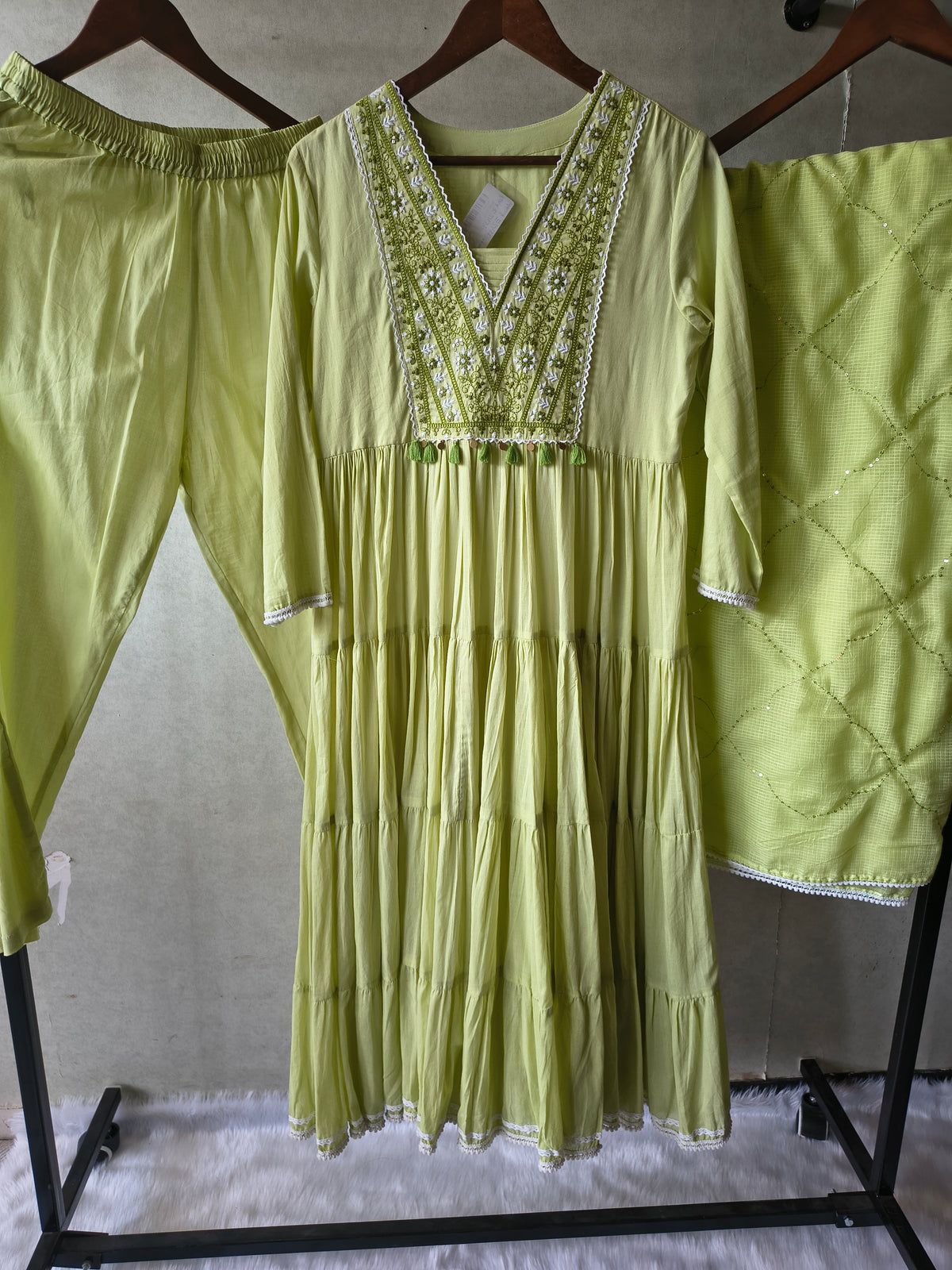 Lime Green Cotton Tiered Kurta Set with Embroidered Yoke & Quilted Dupatta