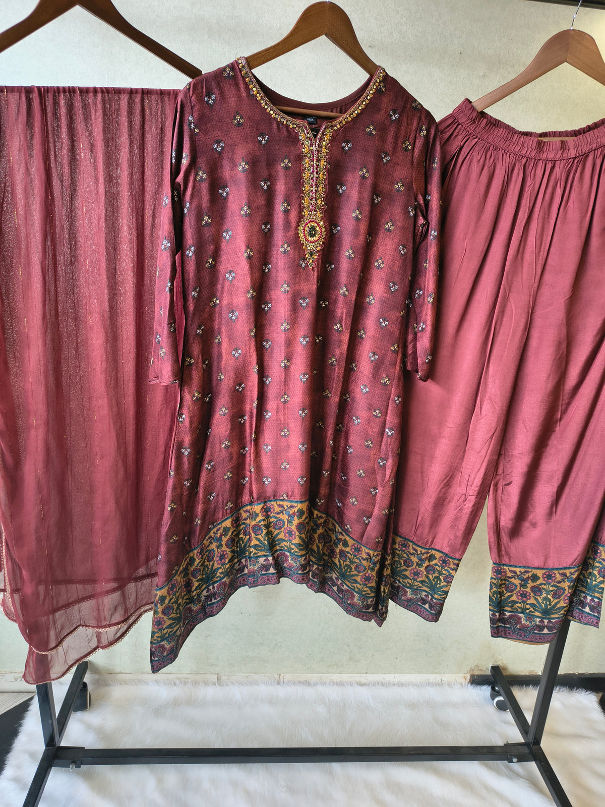 Premium Wine Floral Border Kurta with Straight Pants & Shimmer Dupatta Set