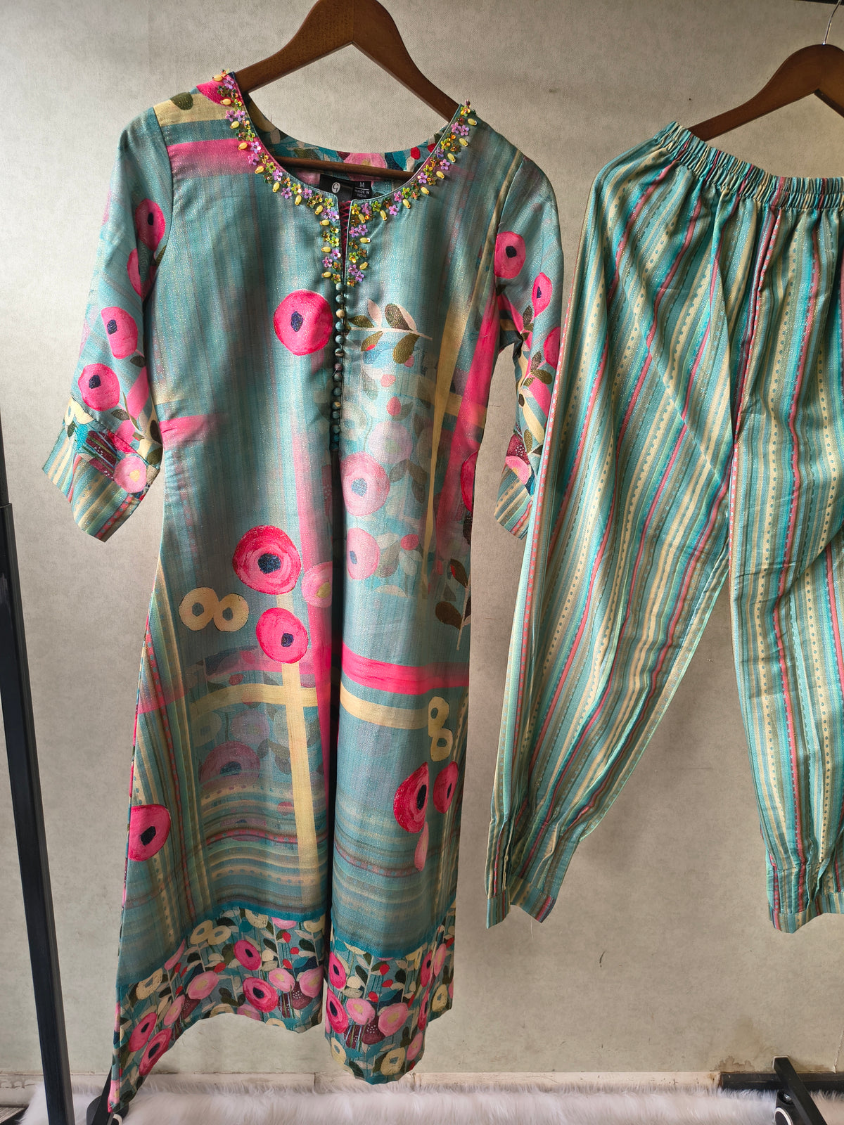 Premium Aqua Blue Artistic Printed Kurta with Striped Pants Co-Ord Set