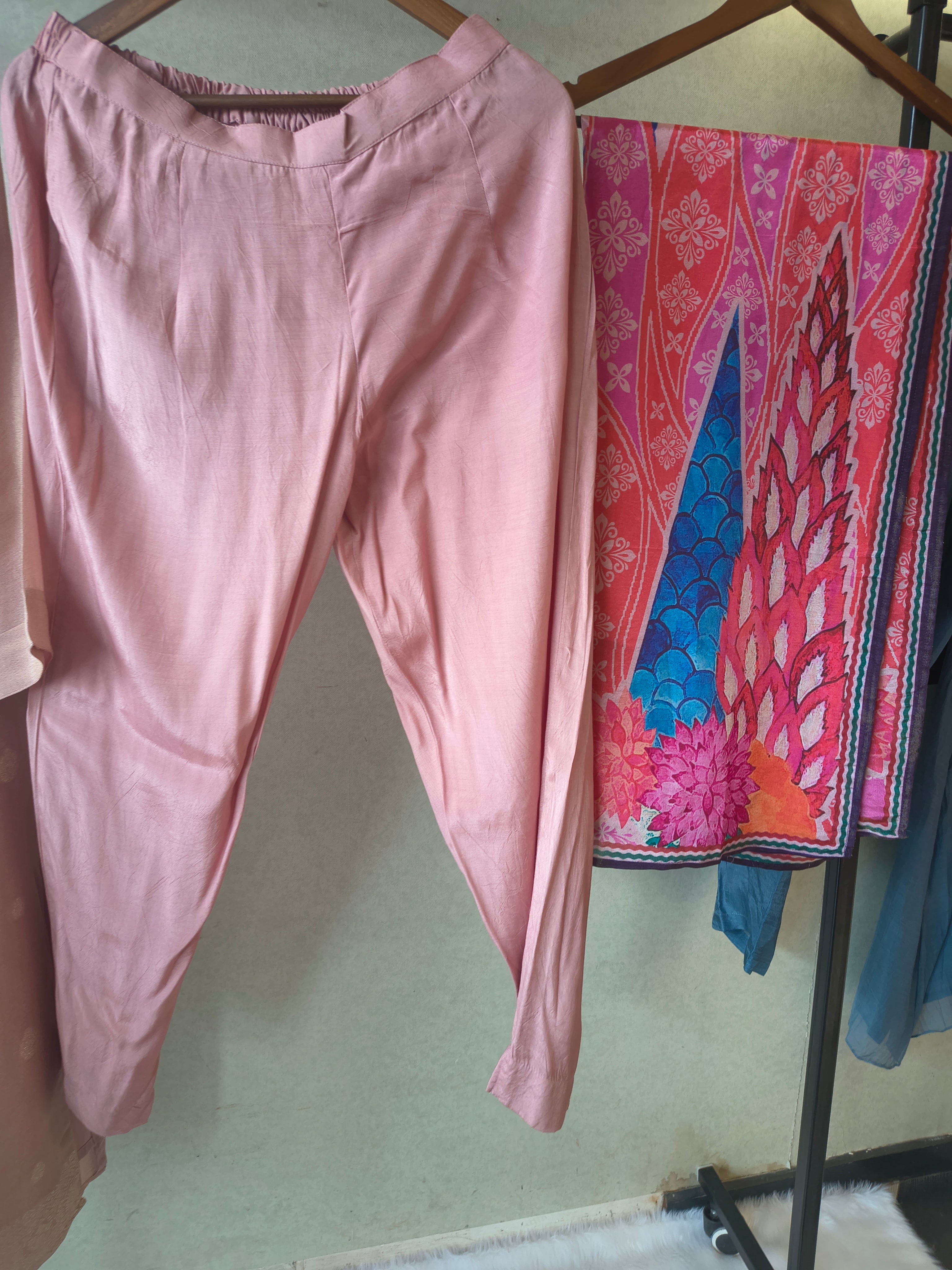 Image of Premium Blush Pink Embroidered Straight Kurta with Cigarette Pants & Designer Printed Dupatta Set