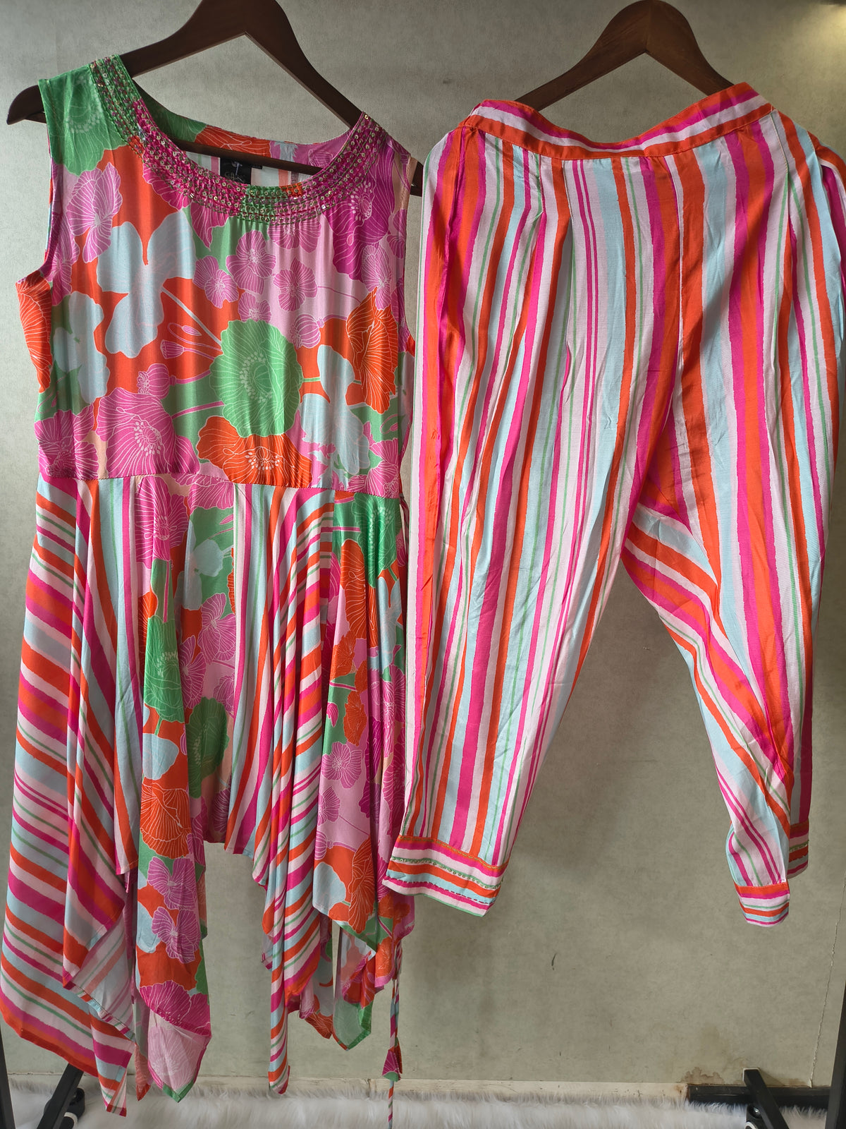 Premium Tropical Floral Handkerchief Kurta with Striped Tapered Pants Co-Ord Set