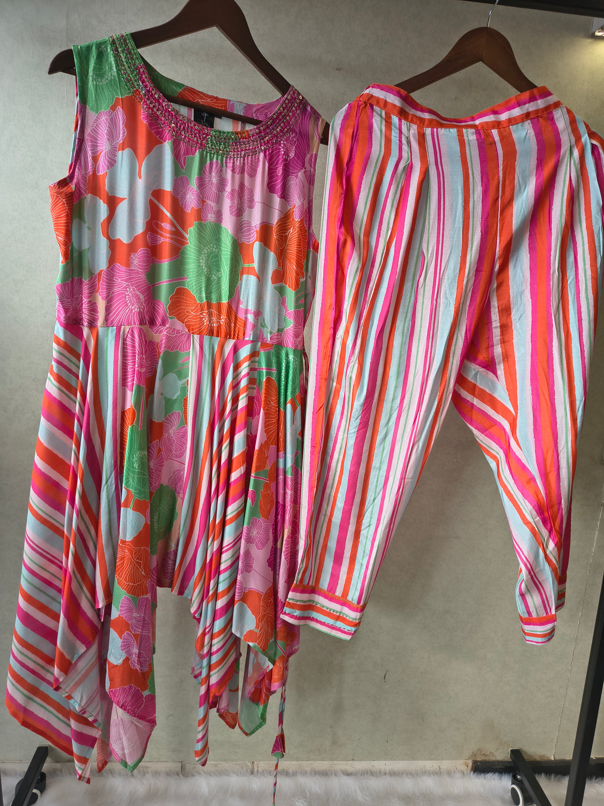 Premium Tropical Floral Handkerchief Kurta with Striped Tapered Pants Co-Ord Set