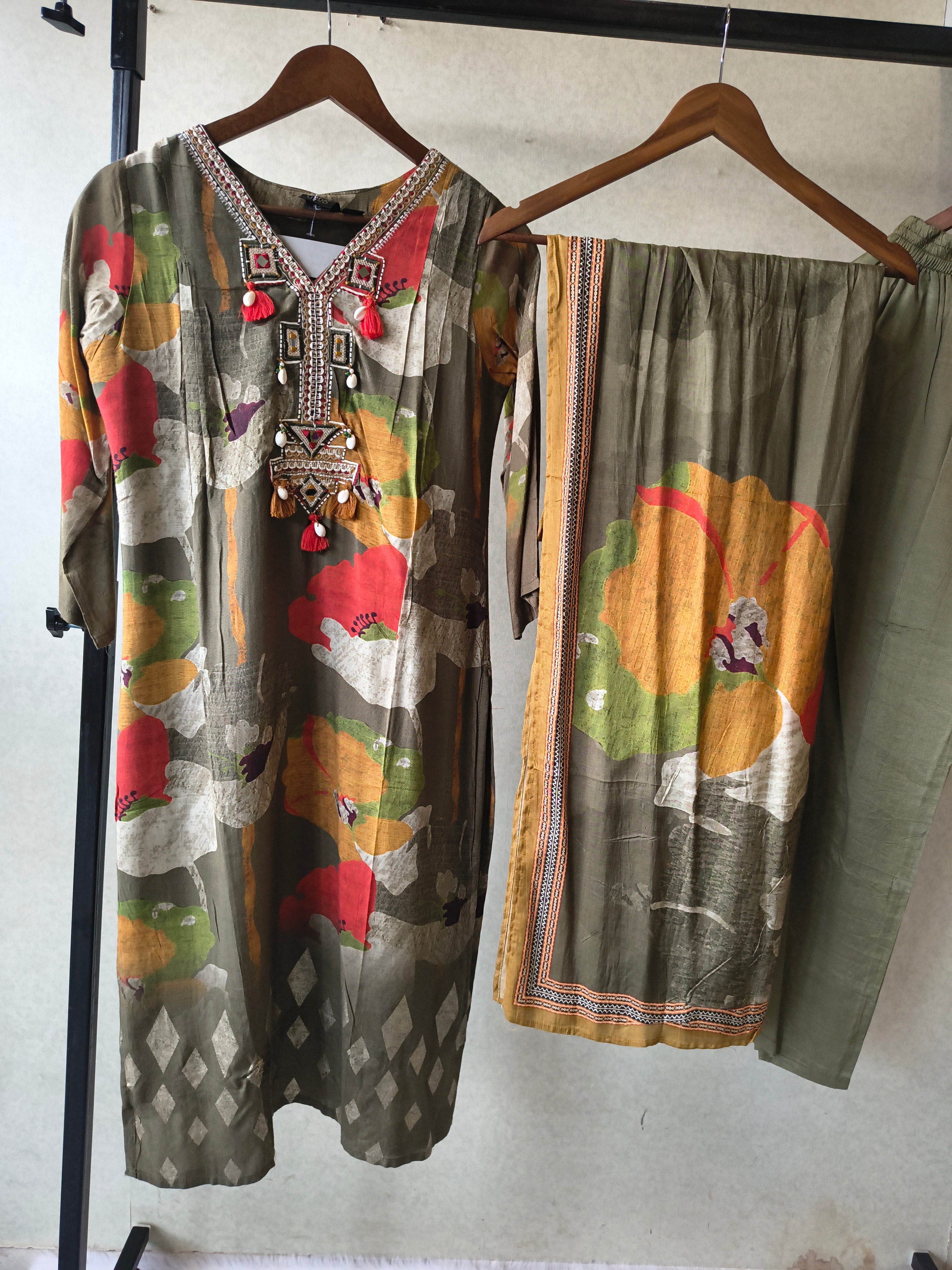 Image of Premium Olive Green Floral Printed Kurta Set with Embellished Neckline, Solid Pants & Printed Dupatta