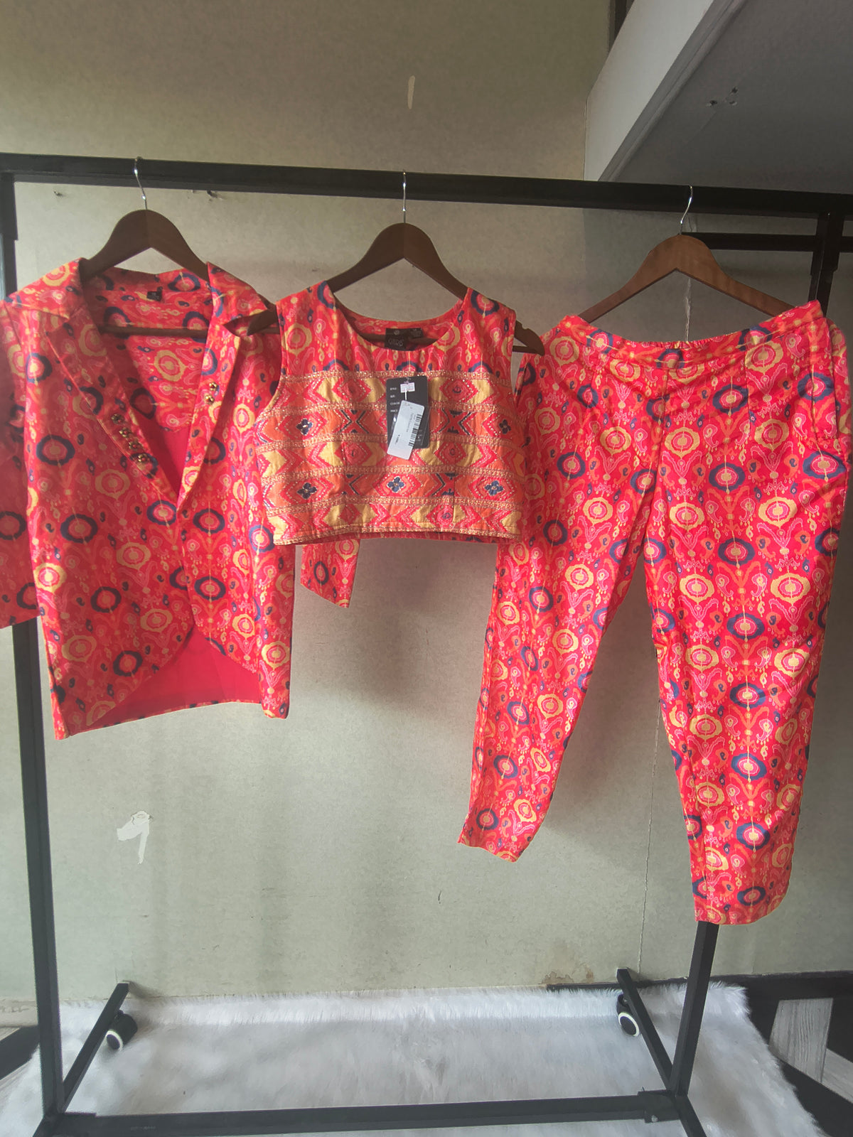 Premium Indo-Western Printed Co-ord Set with Embroidered Crop Top, Printed Shirt & Straight Pants