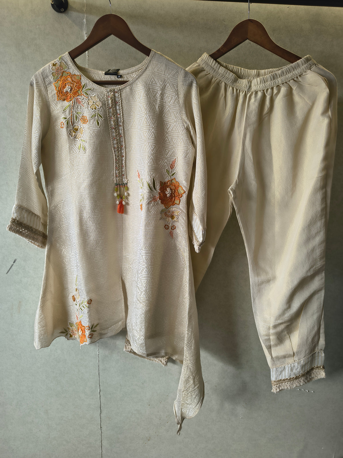 Ivory Floral Embroidered Premium Asymmetrical Kurta Pant Co-Ord Set
