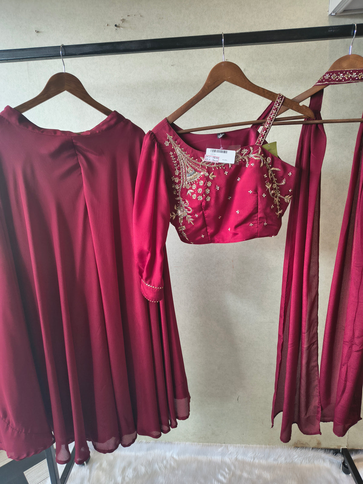 Premium Wine Satin Silk 3-Piece Lehenga Set with Hand Embroidered One-Shoulder Blouse & Dupatta
