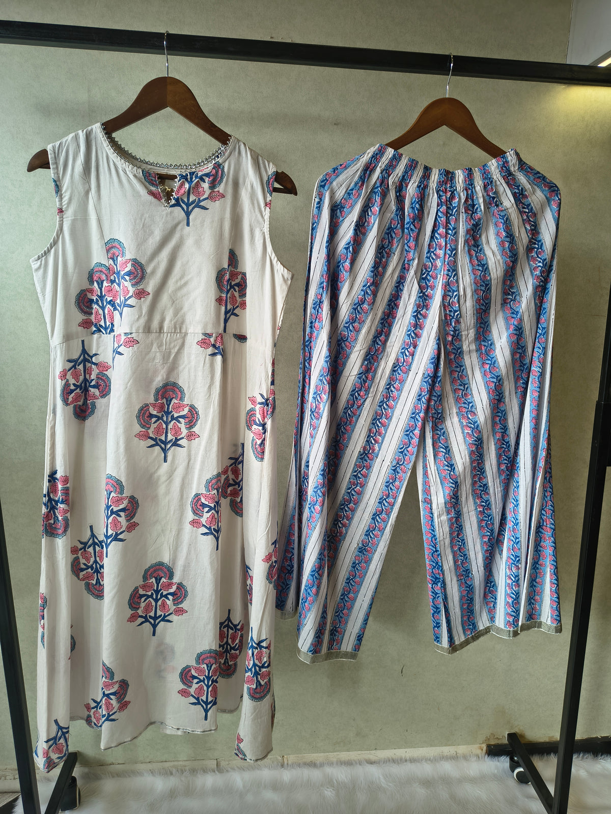 Premium Ivory Floral Block Print Sleeveless Kurta with Printed Palazzo Pants Co-Ord Set