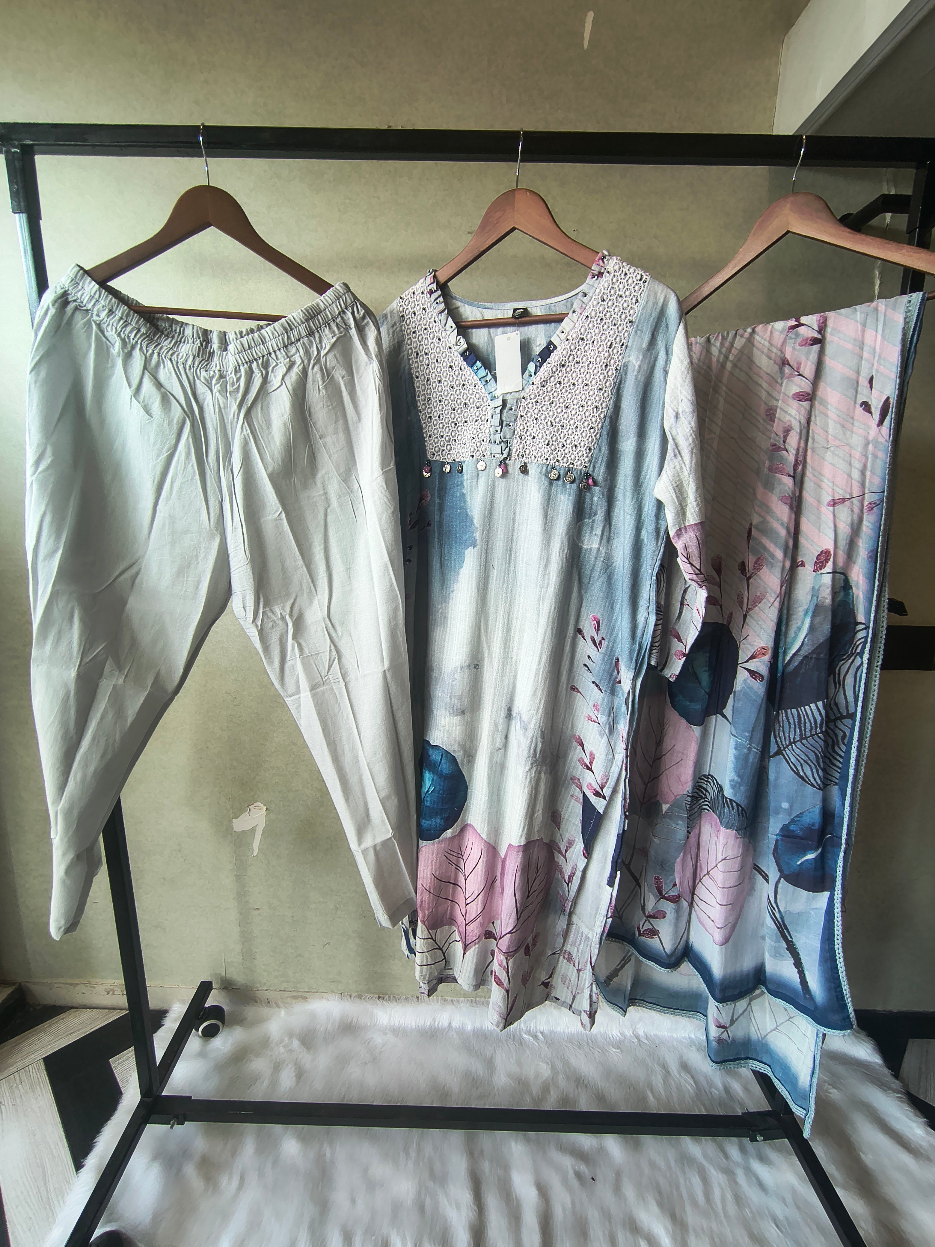Image of Premium Ice Blue Floral Printed Straight Kurta Set with Crochet Yoke, Straight Pants & Designer Dupatta