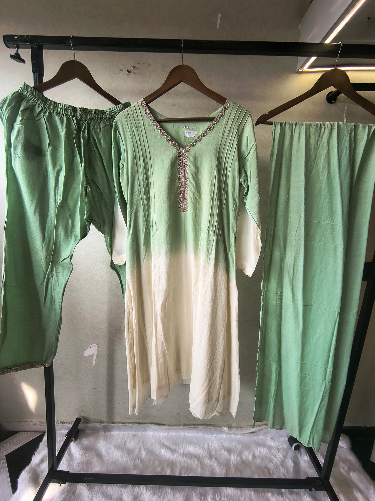 Mint Green Ombre Silk Blend Kurta Set with Embellished Neckline & Matching Dupatta – Premium 3 Piece Ethnic Ensemble