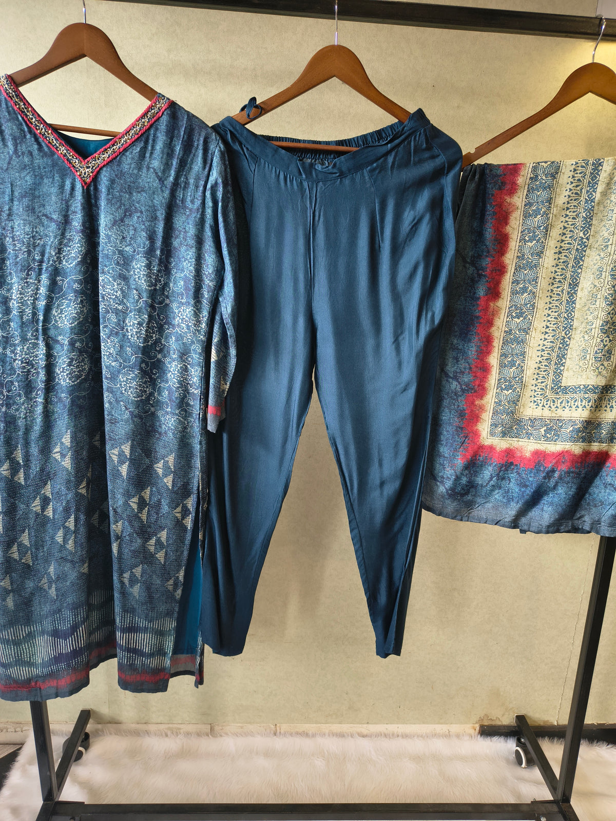 Premium Midnight Blue Printed Kurta with Straight Pants & Artistic Border Dupatta Set