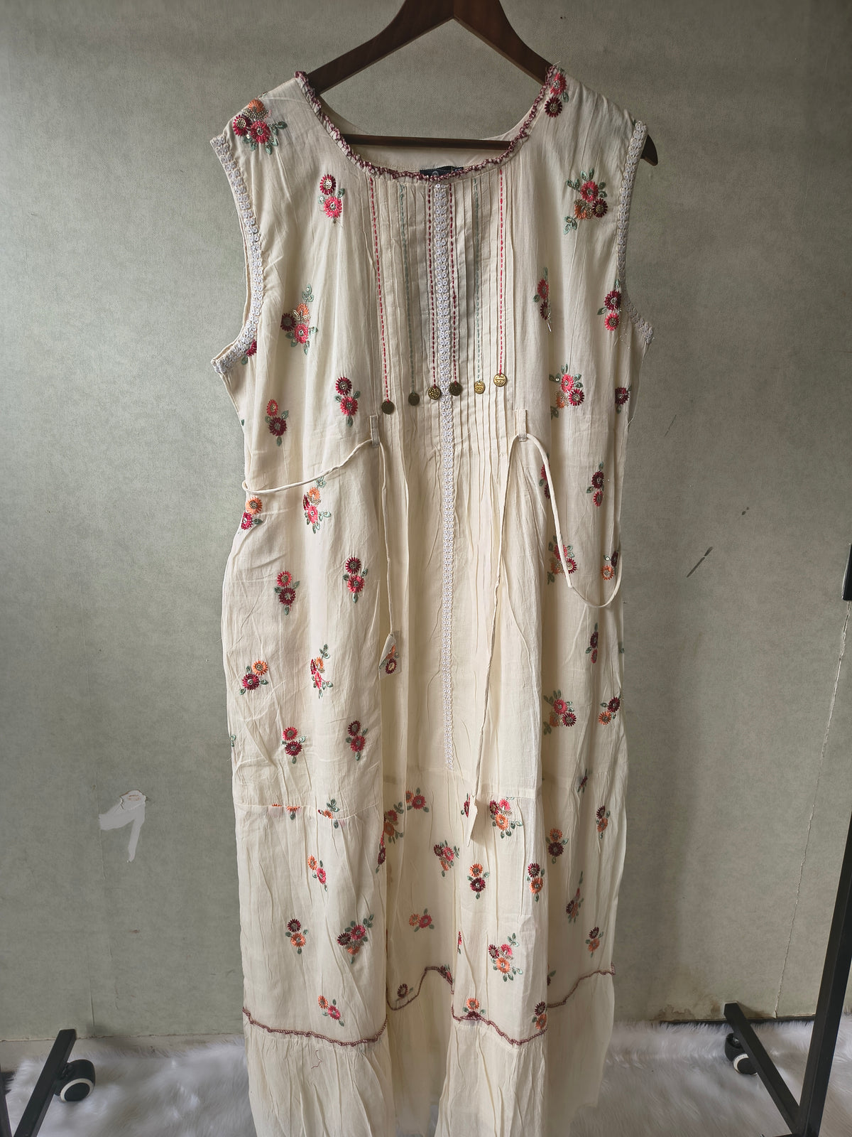 Premium Ivory Floral Embroidered Sleeveless Tiered Maxi Dress with Pintuck Detailing