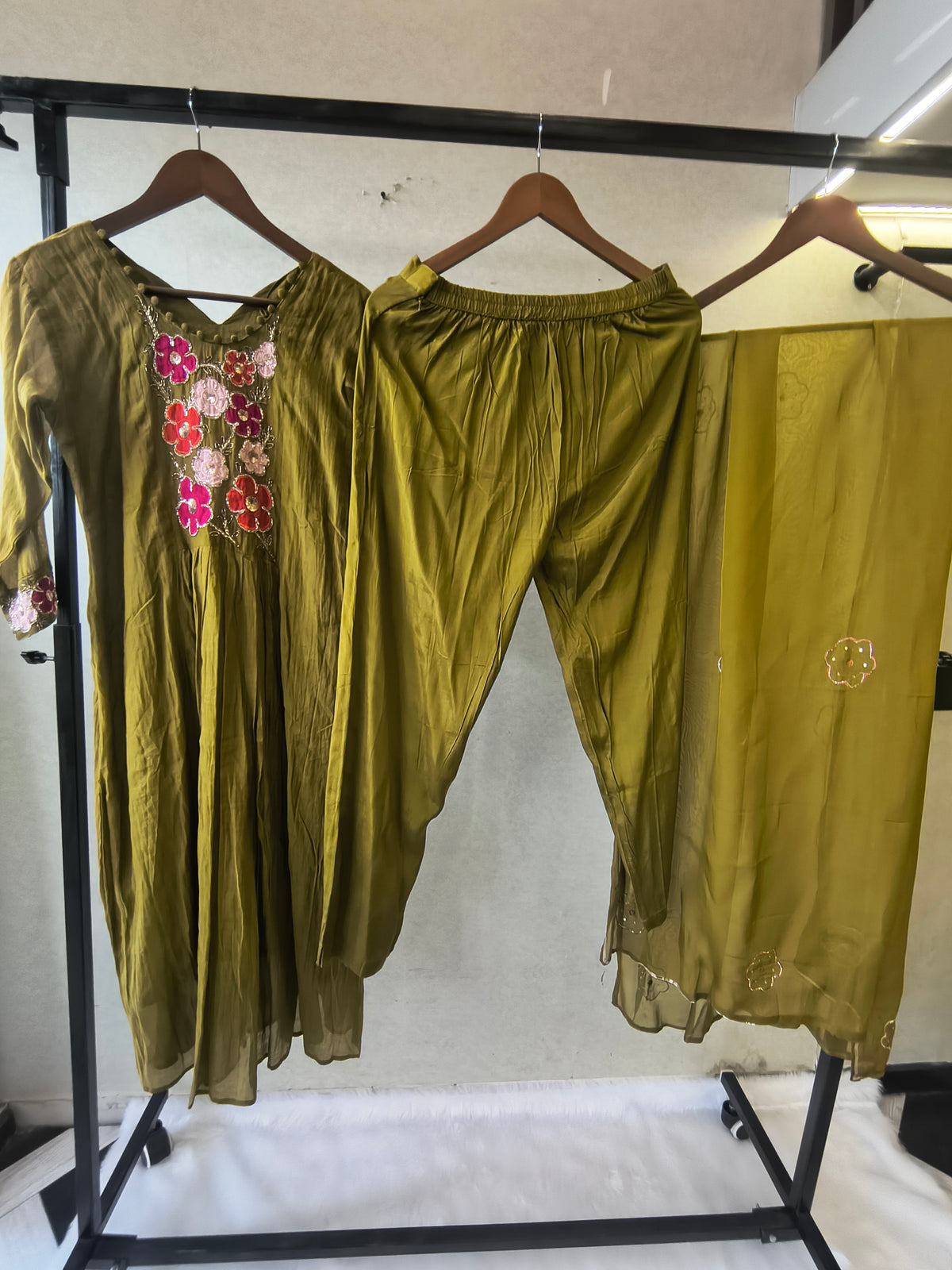 Olive Green Floral Hand-Embroidered Kurta Set with Organza Dupatta | Premium 3 Piece Ethnic Suit
