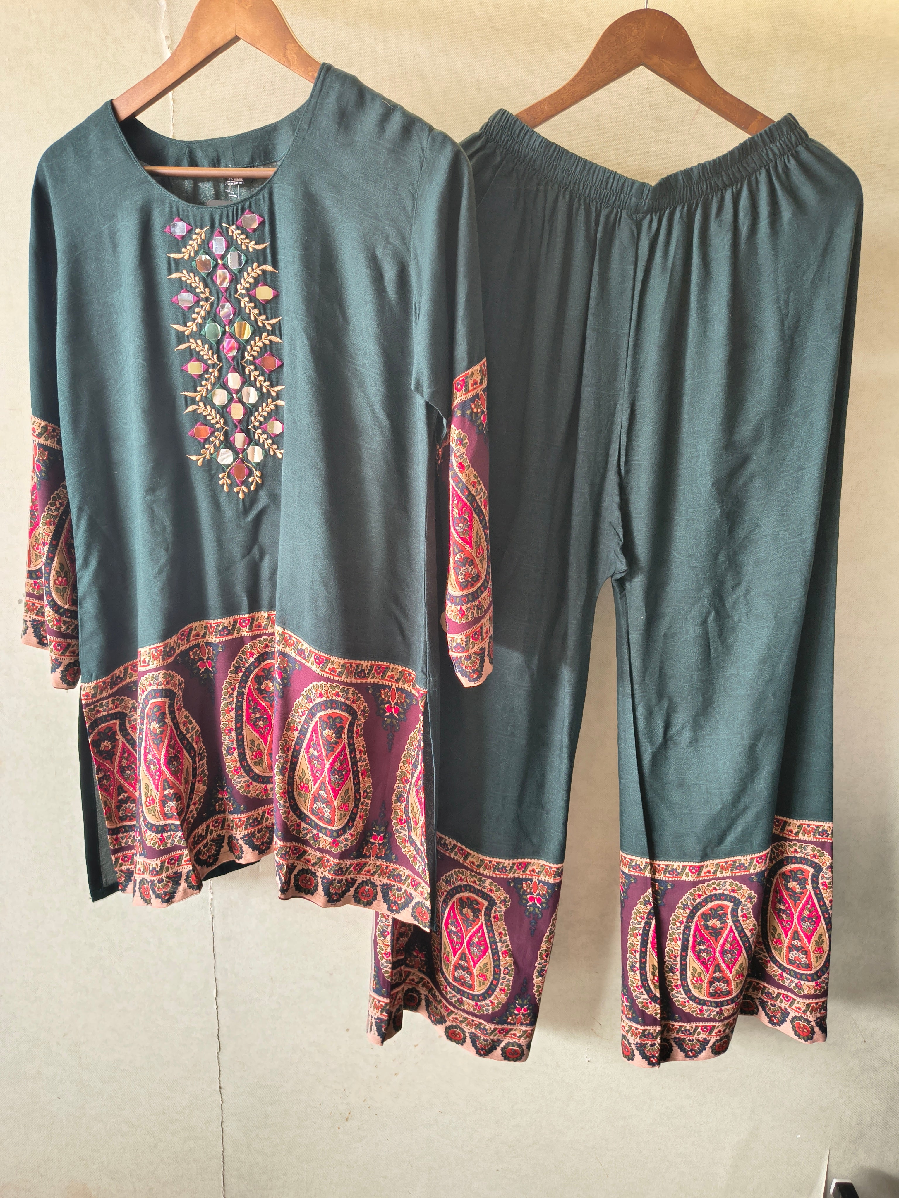 Image of Premium Teal Mirror Work Printed Kurta Pant Co-Ord Set