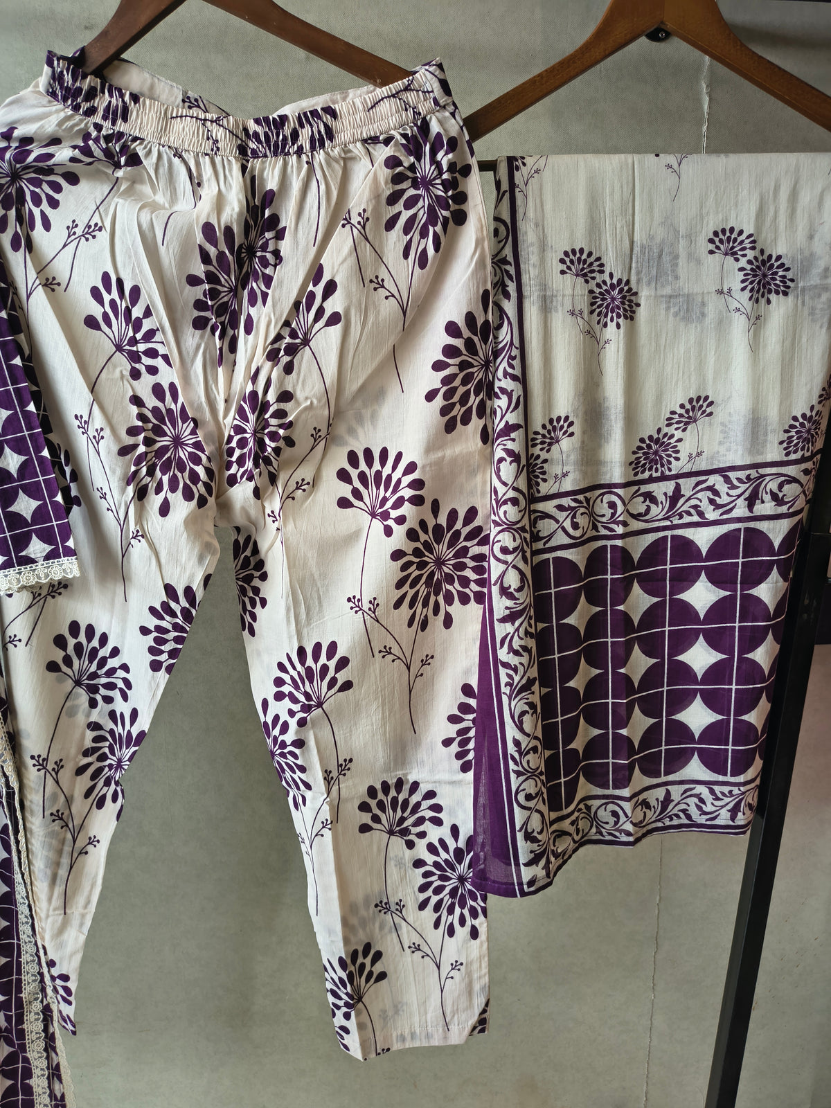 Premium Plum Geometric Printed Cotton Kurta Set with Floral Printed Pants & Dupatta