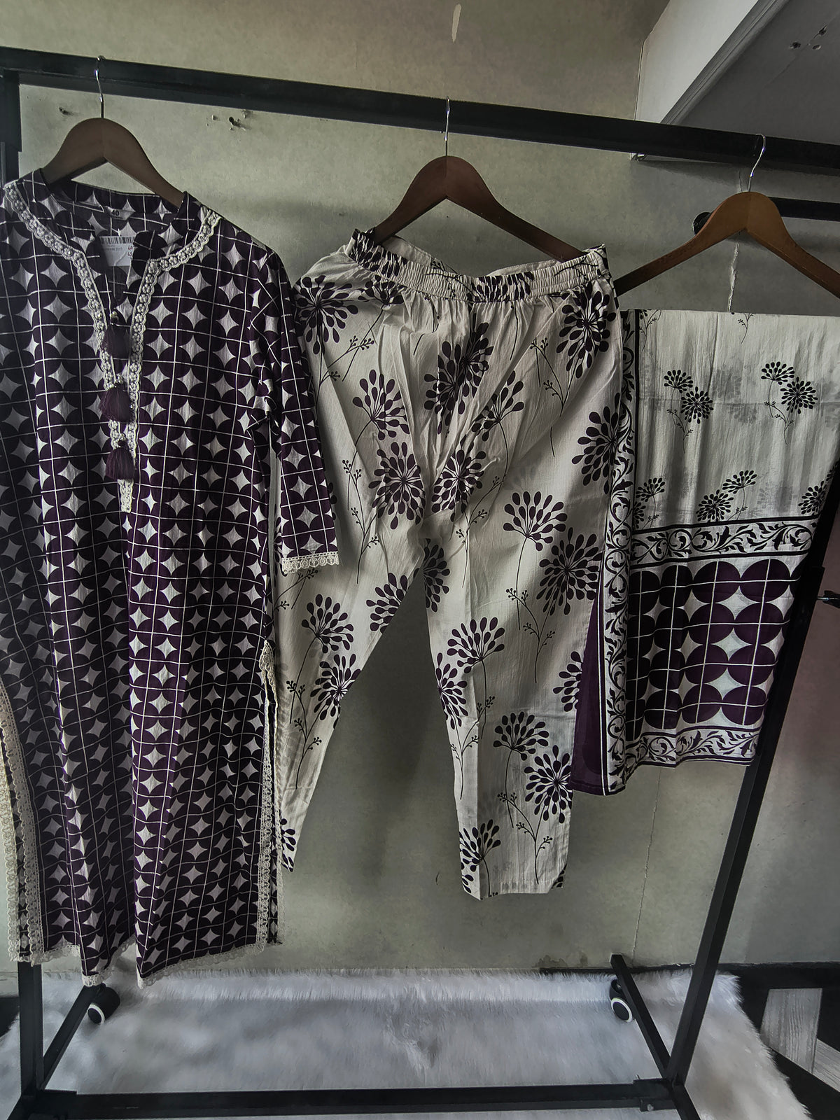 Premium Plum Geometric Printed Cotton Kurta Set with Floral Printed Pants & Dupatta