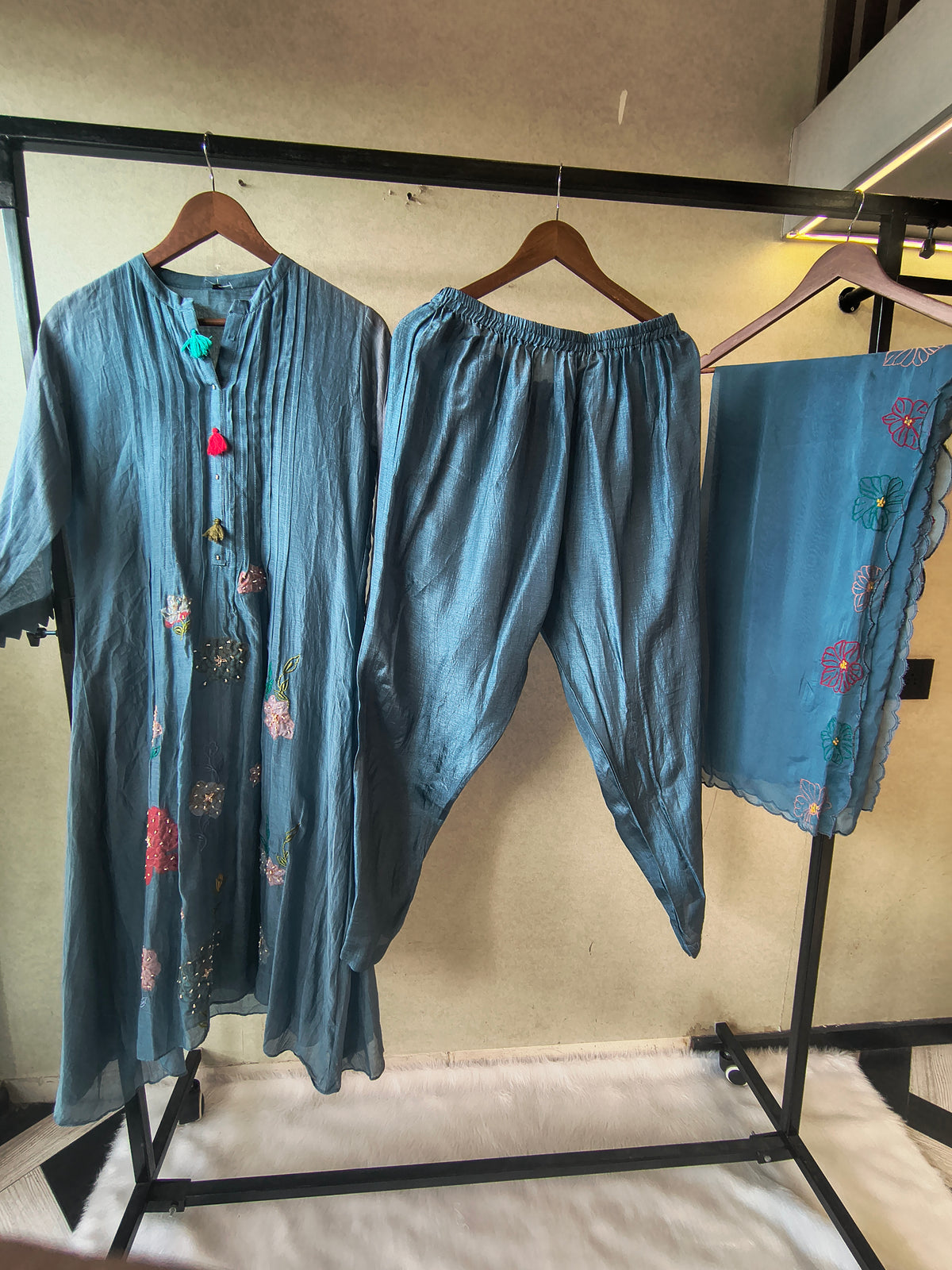 Premium Steel Blue Embroidered Straight Kurta with Dhoti Pants & Embroidered Organza Dupatta Set
