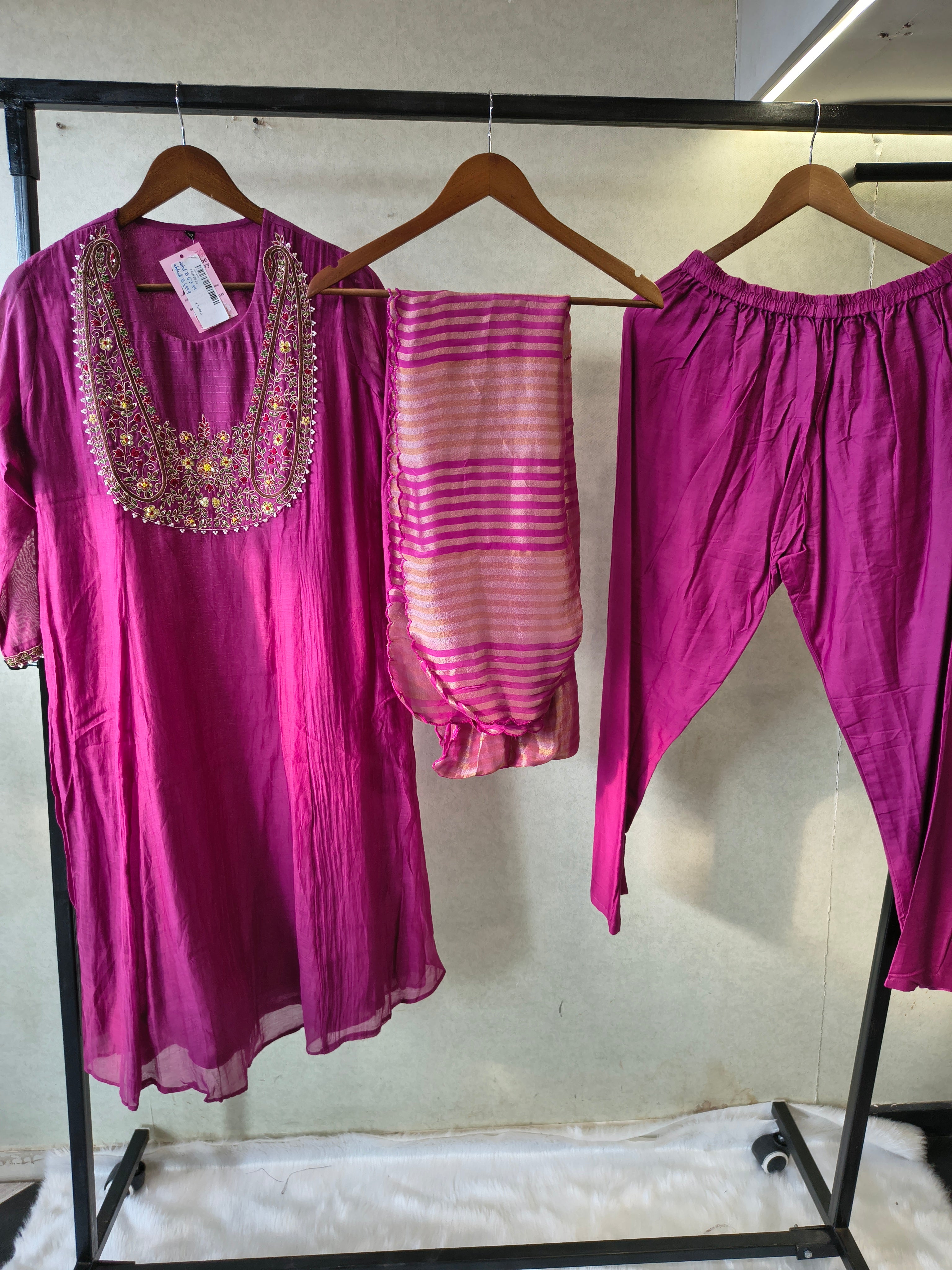 Image of Magenta Embroidered Straight Kurta Set with Heavy Handcrafted Yoke, Striped Organza Dupatta & Premium 3 Piece Ethnic Ensemble
