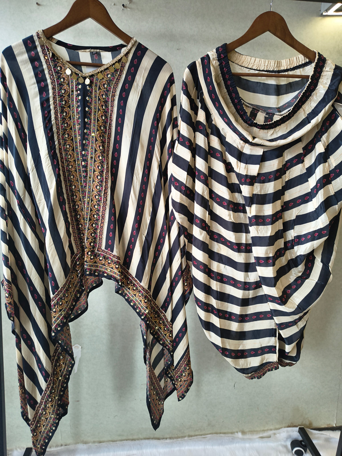 Ivory & Navy Striped Designer Kaftan Co-Ord Set with Embroidered Neckline & Draped Silhouette