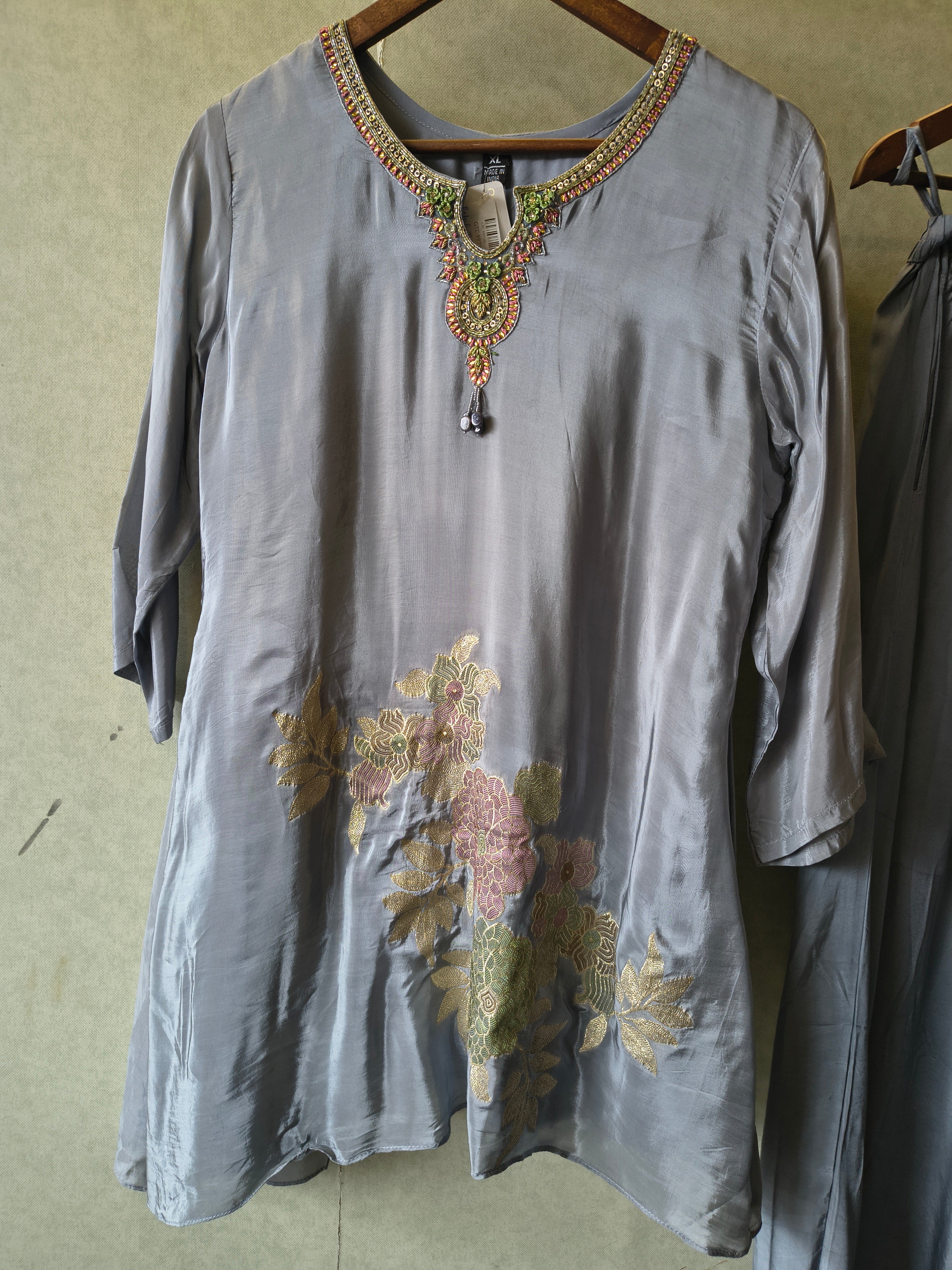 Image of Grey Embroidered Premium Silk Co-Ord Set