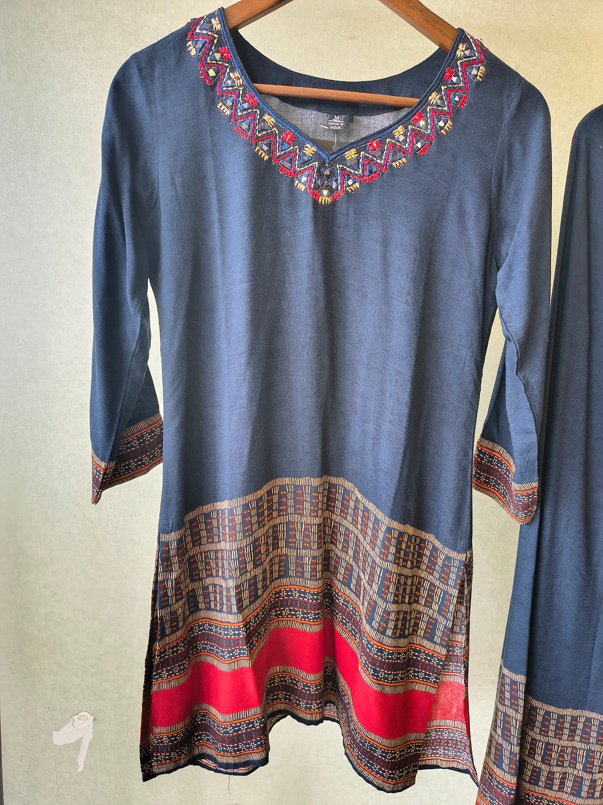 Navy Blue Ethnic Border Designer Co-Ord Set with Embroidered Neckline