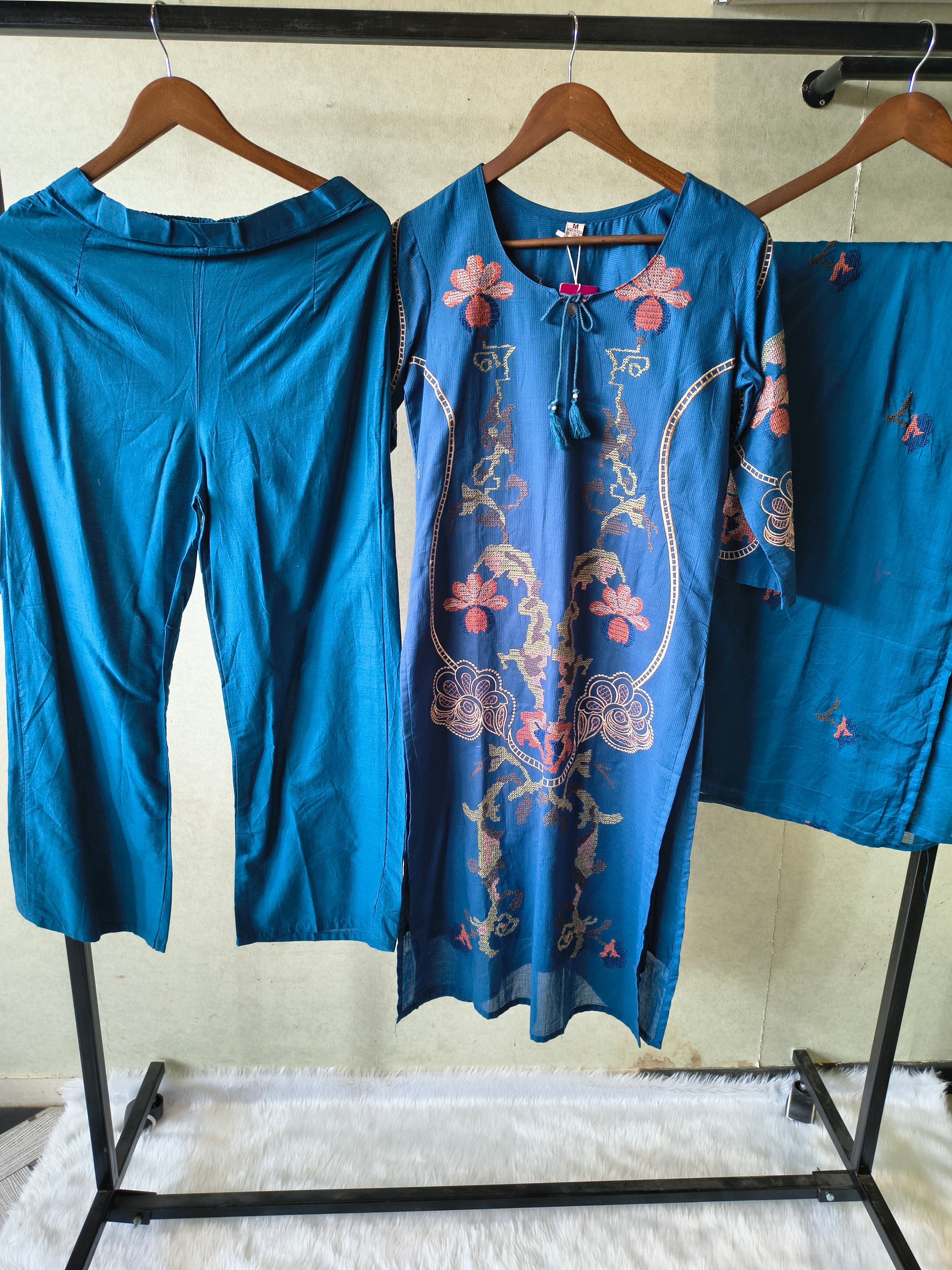 Image of Teal Blue Cotton 3-Piece Suit Set with Floral Vine Embroidery & Embroidered Dupatta