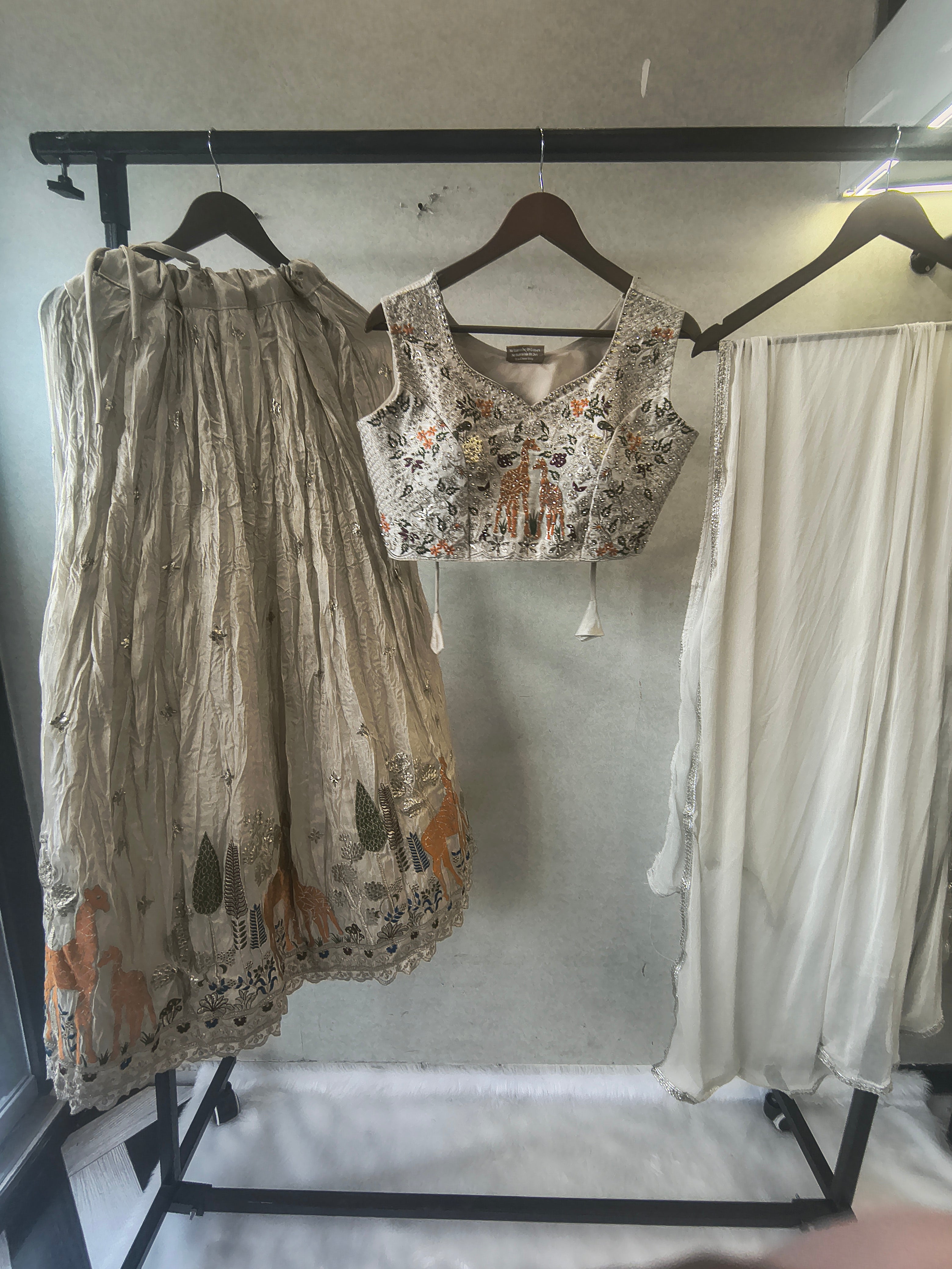 Image of Ivory Grey Hand-Embroidered Designer Lehenga Set with Statement Blouse & Soft Organza Dupatta | Premium Wedding Collection