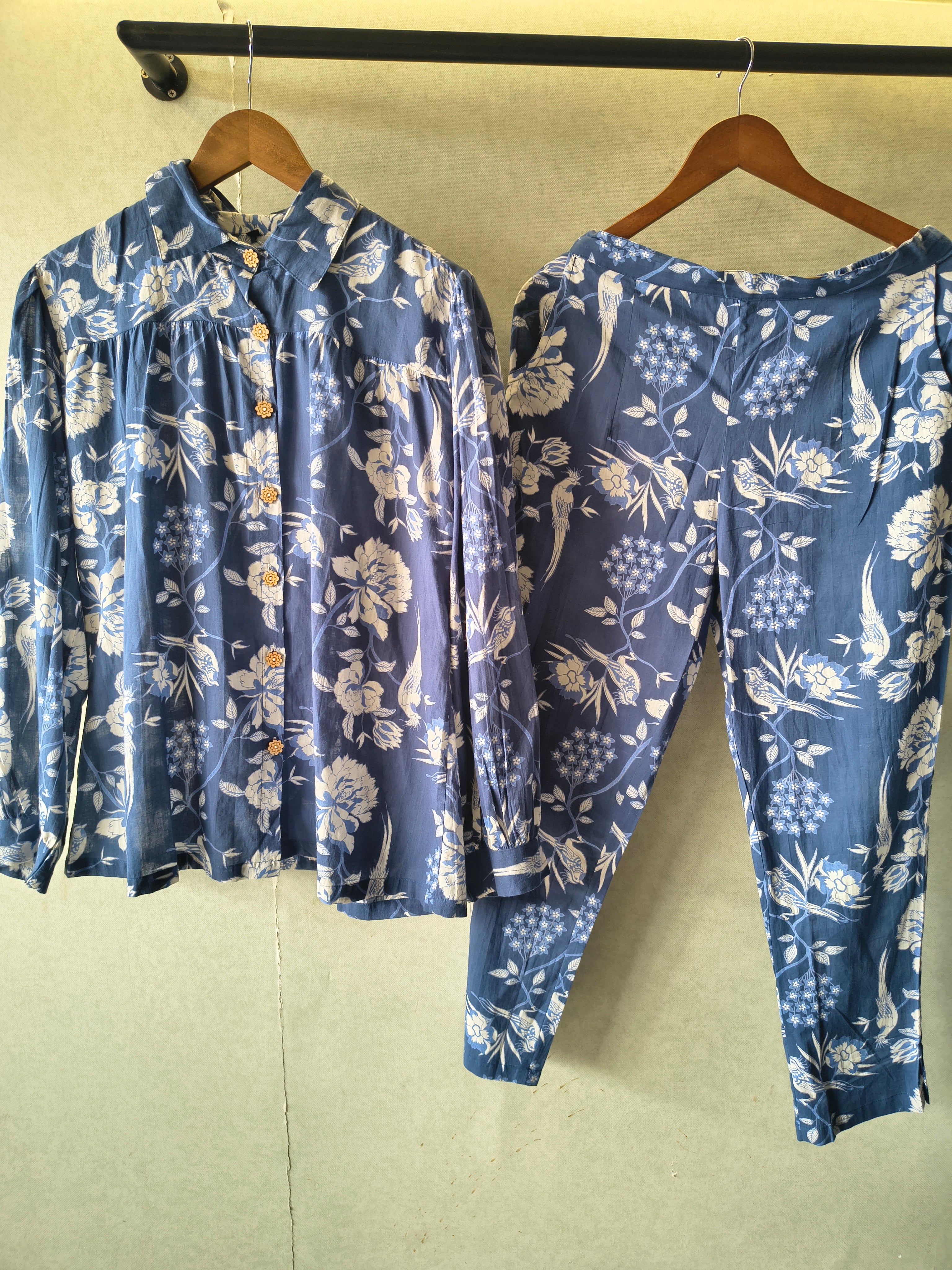 Image of Premium Blue Floral Bird Print Shirt Co-Ord Set