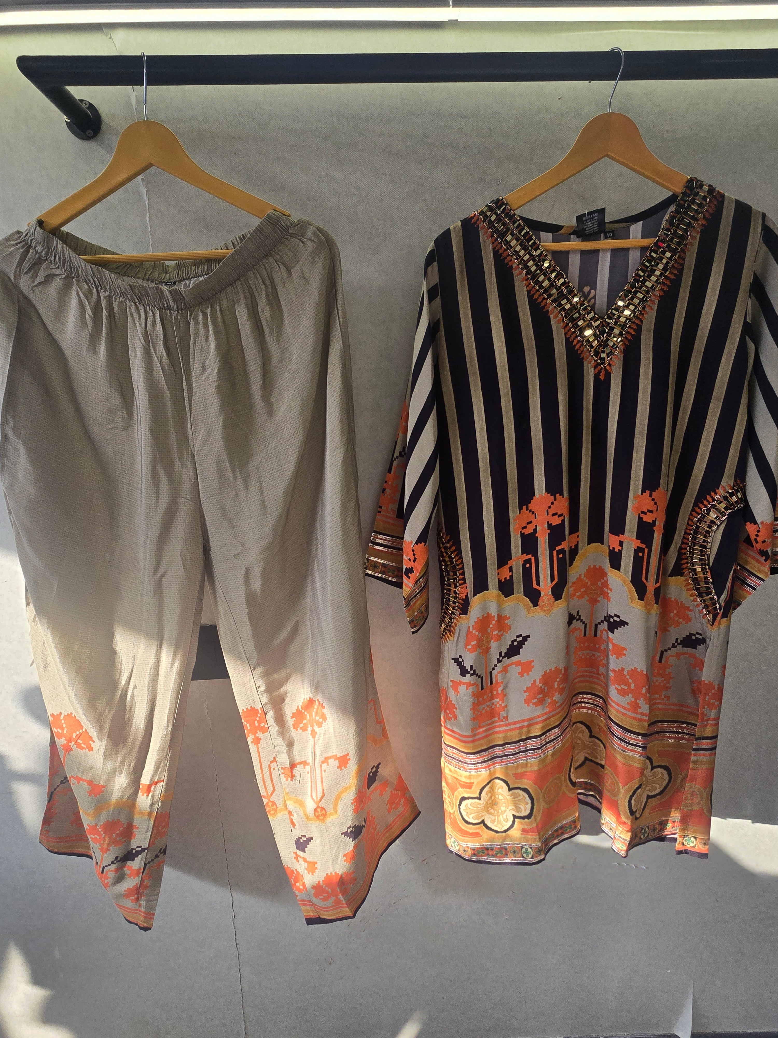 Image of Navy Stripe Mirror Work Kaftan Co-Ord Set