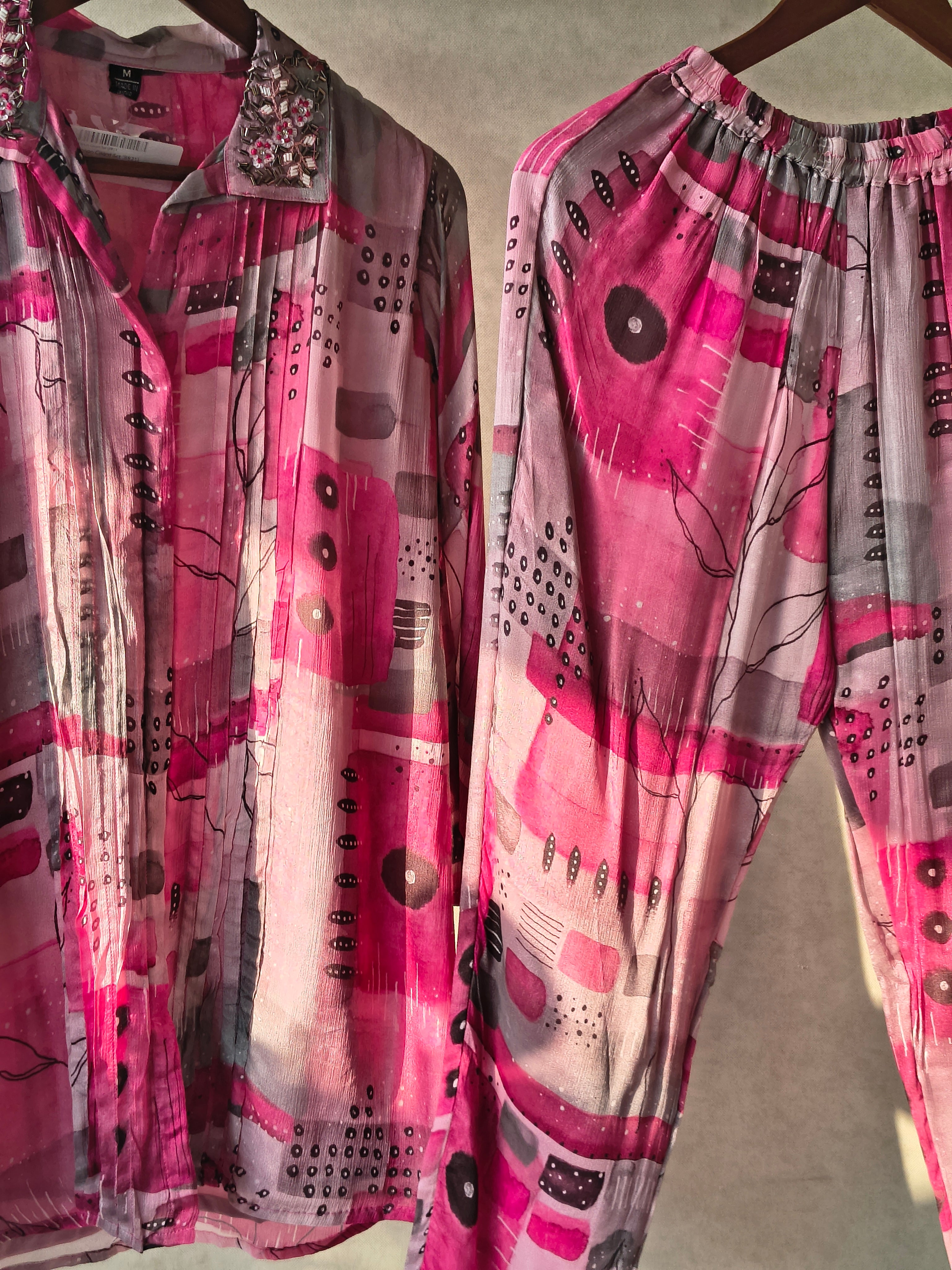 Image of Premium Embellished Abstract Printed Oversized Shirt Co-Ord Set with Tapered Pants