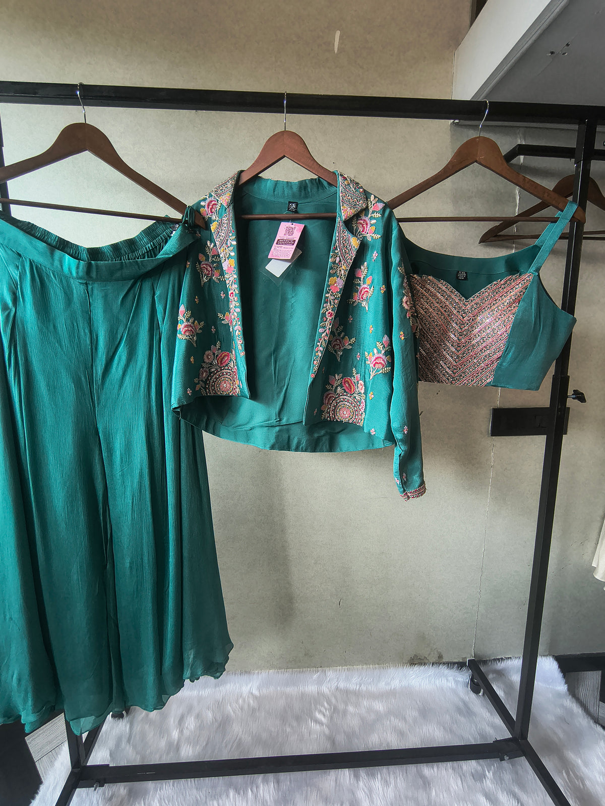 Premium Emerald Green 3-Piece Designer Palazzo Set with Heavy Embroidered Jacket & Sequins Blouse