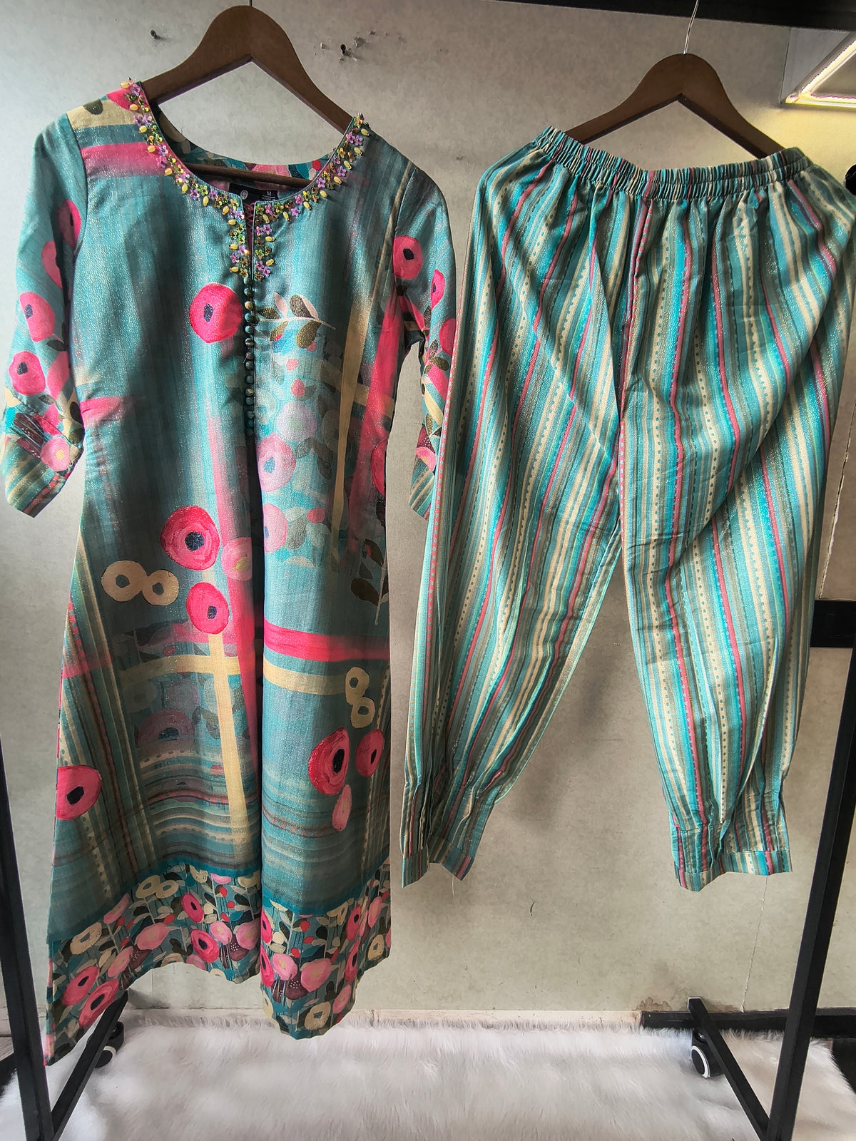 Premium Aqua Blue Artistic Printed Kurta with Striped Pants Co-Ord Set