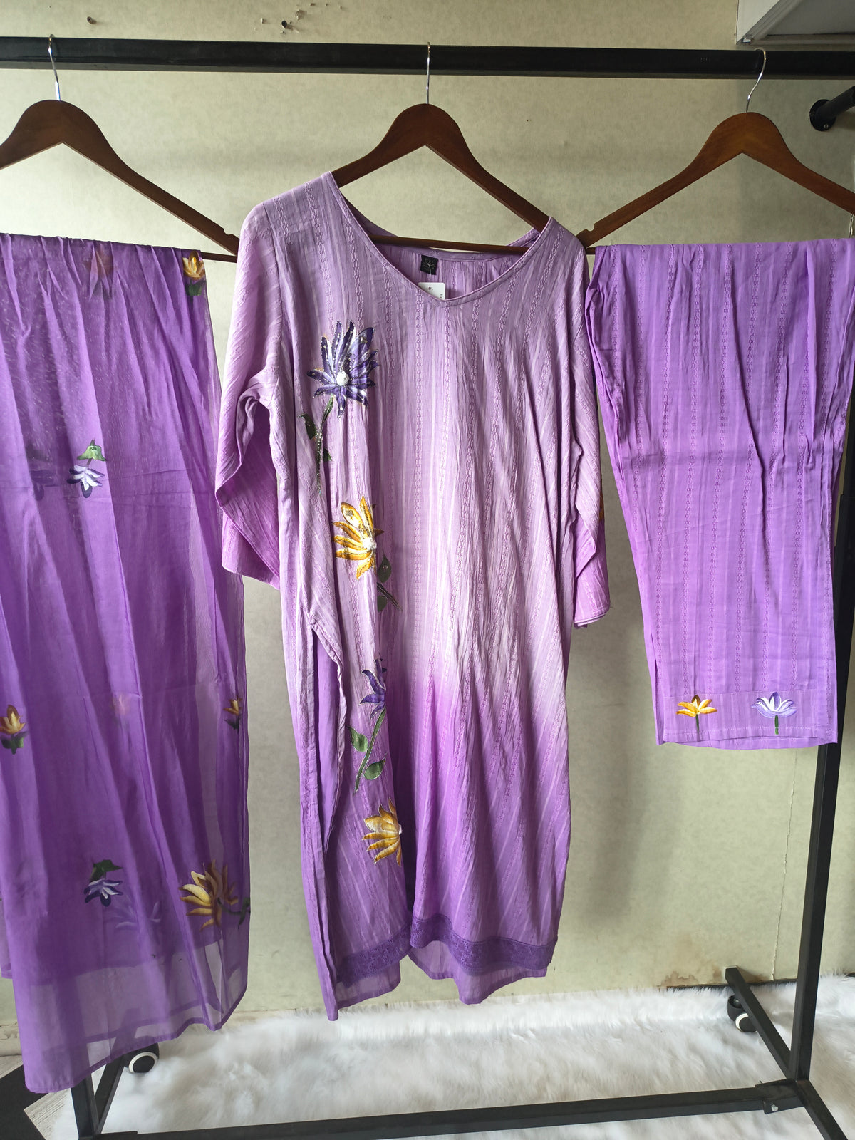 Premium Lavender Embroidered Straight Kurta Set with Floral Dupatta & Straight Pants