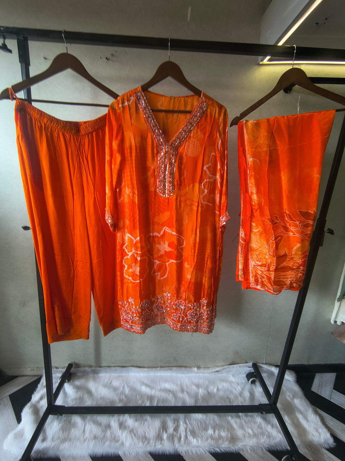 Burnt Orange Printed Silk Blend Kurta Set with Embellished Neckline & Floral Border – Premium 3 Piece Ethnic Ensemble