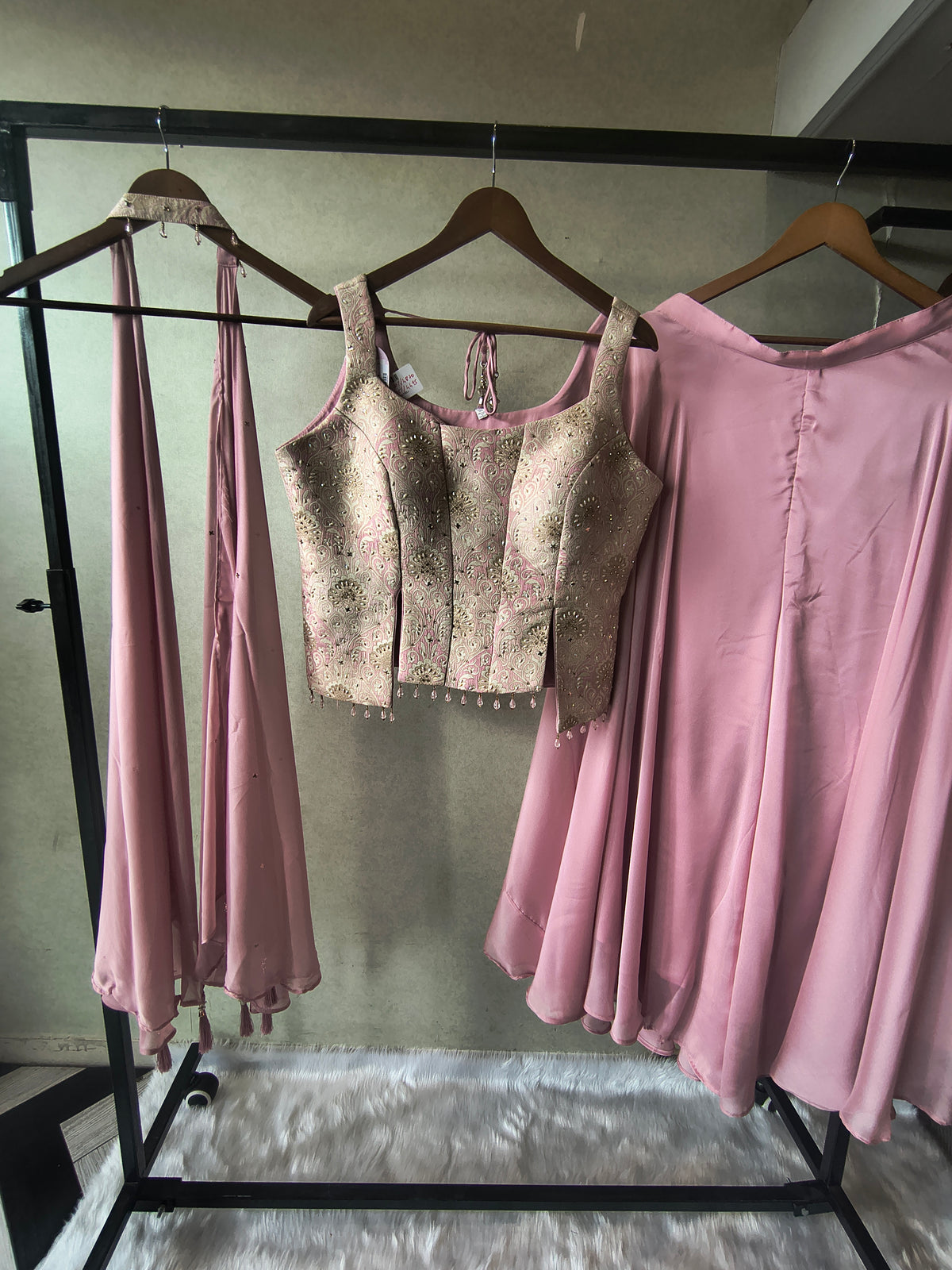 Premium Blush Pink 3-Piece Designer Lehenga Set with Brocade Embroidered Blouse & Tassel Dupatta
