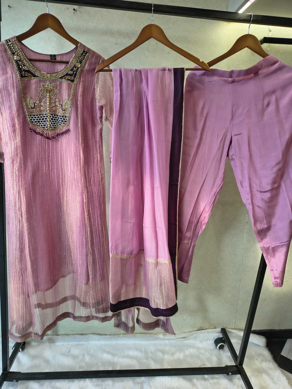 Lavender Embroidered Anarkali Kurta Set with Handcrafted Statement Yoke & Organza Dupatta | Premium 3 Piece Ethnic Ensemble