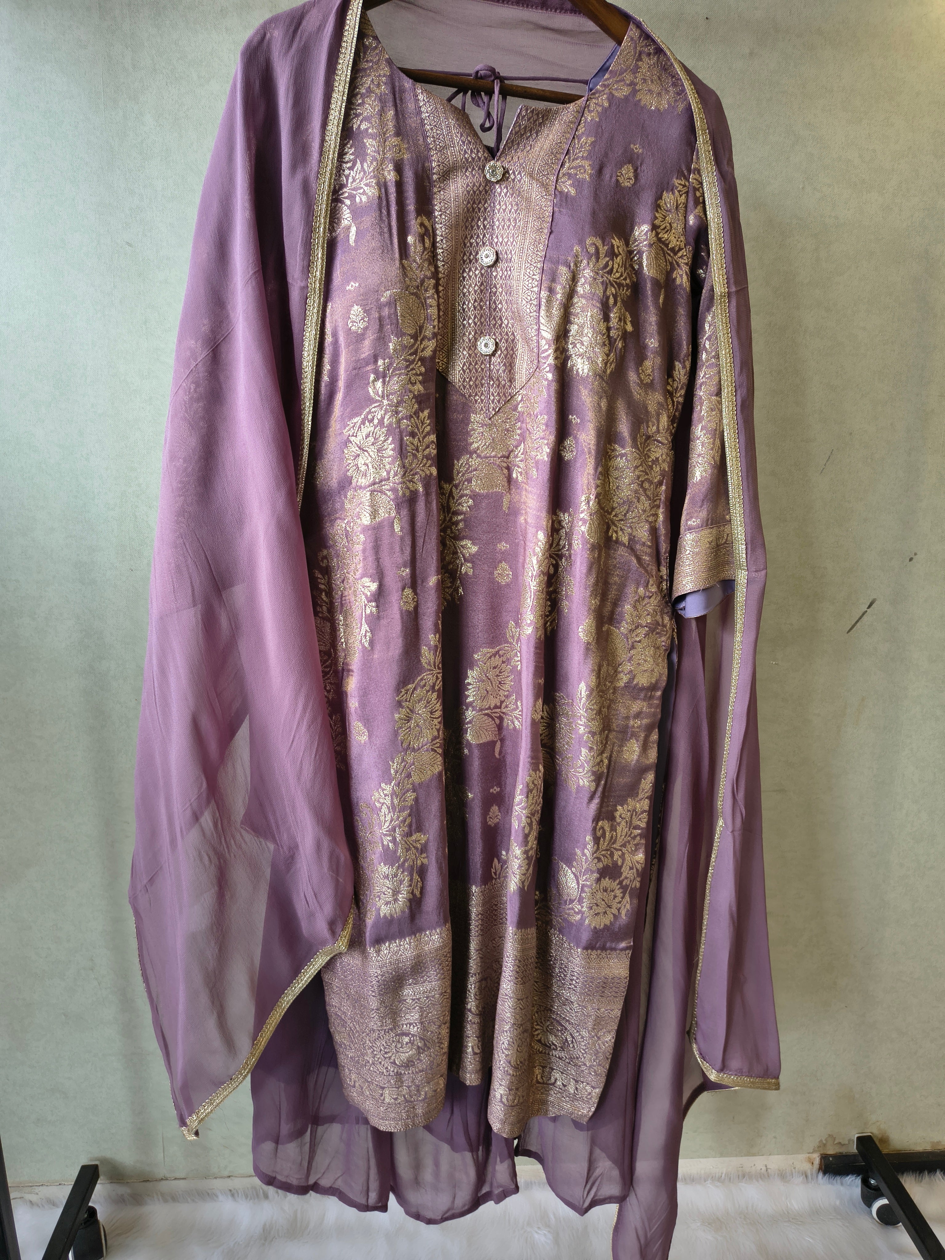 Image of Premium Lavender Jacquard Straight Kurta with Georgette Sharara & Dupatta Set
