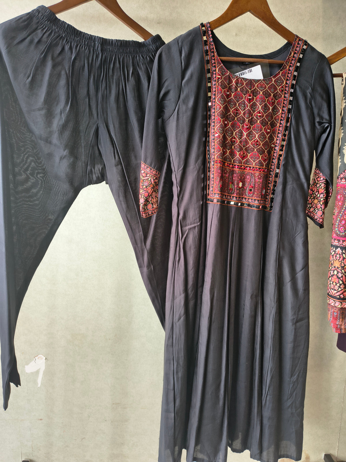 Premium Black Printed Anarkali Kurta Set with Ethnic Yoke, Solid Pants & Designer Dupatta
