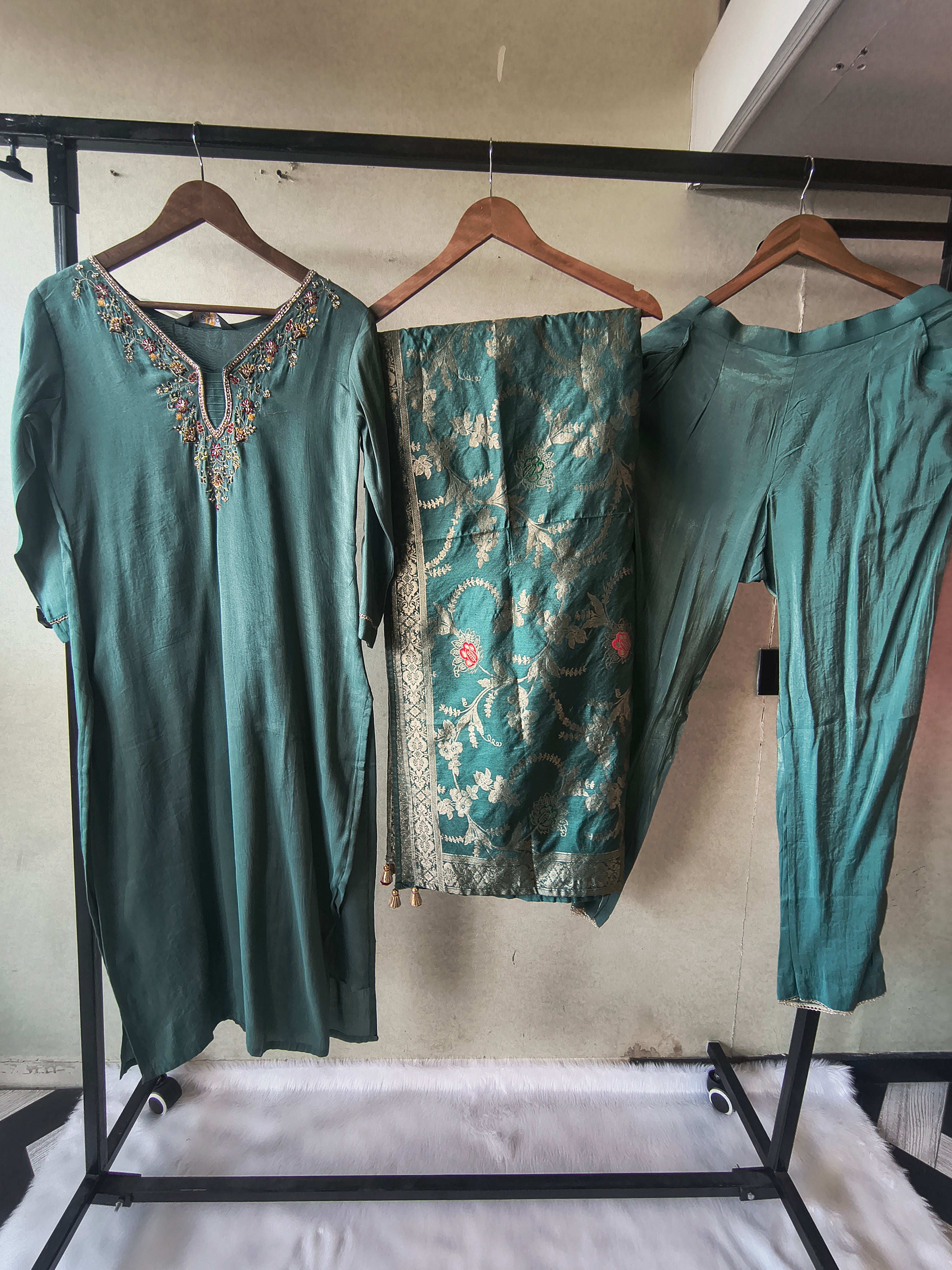 Image of Premium Teal Silk Blend Embroidered Kurta Set with Woven Dupatta & Straight Pants
