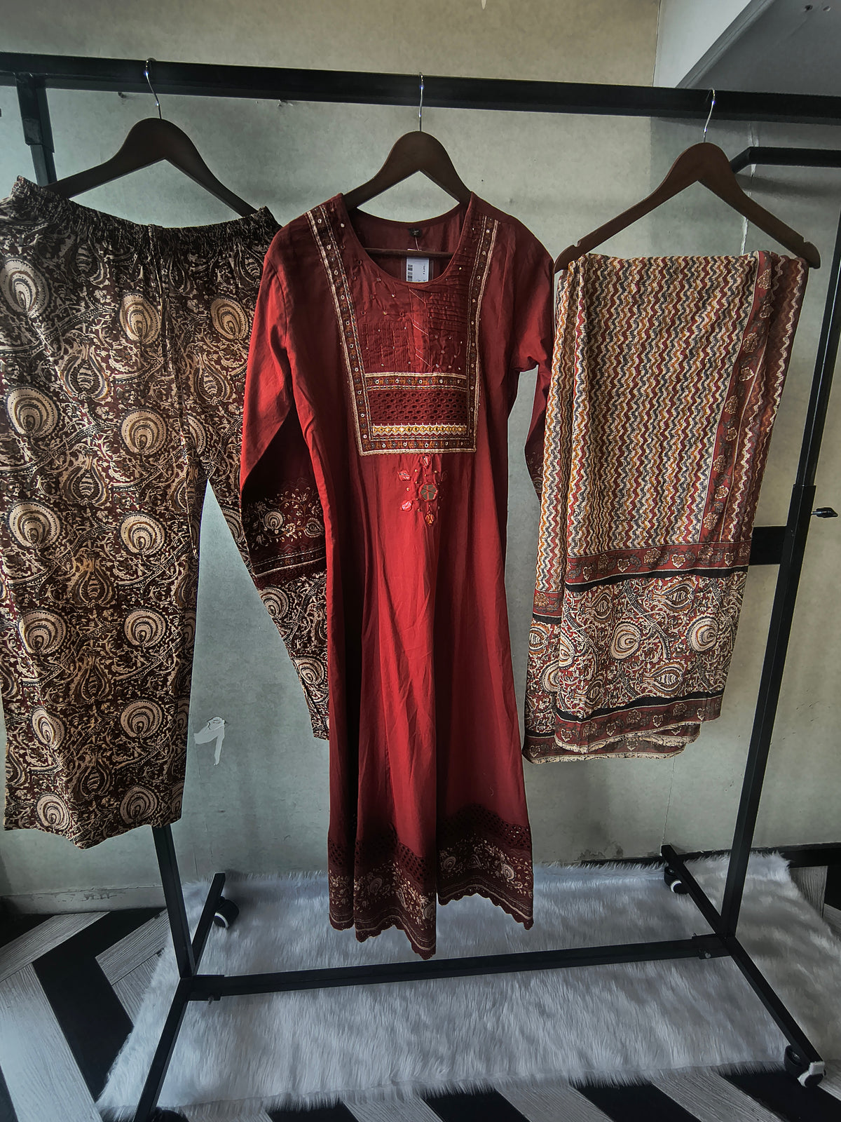 Rust Red Embroidered Three-Piece Kurta Set with Printed Pant & Designer Dupatta