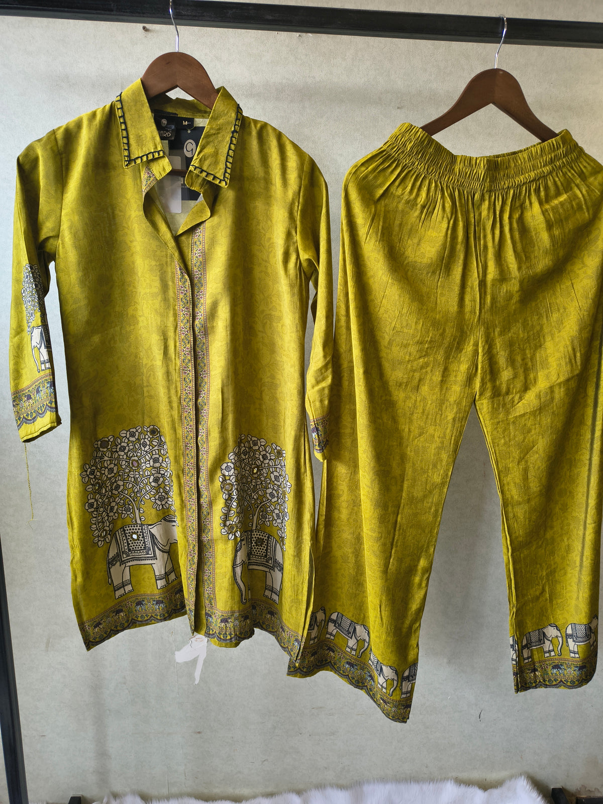 Mustard Yellow Elephant Print Designer Co-Ord Set with Asymmetrical Hem
