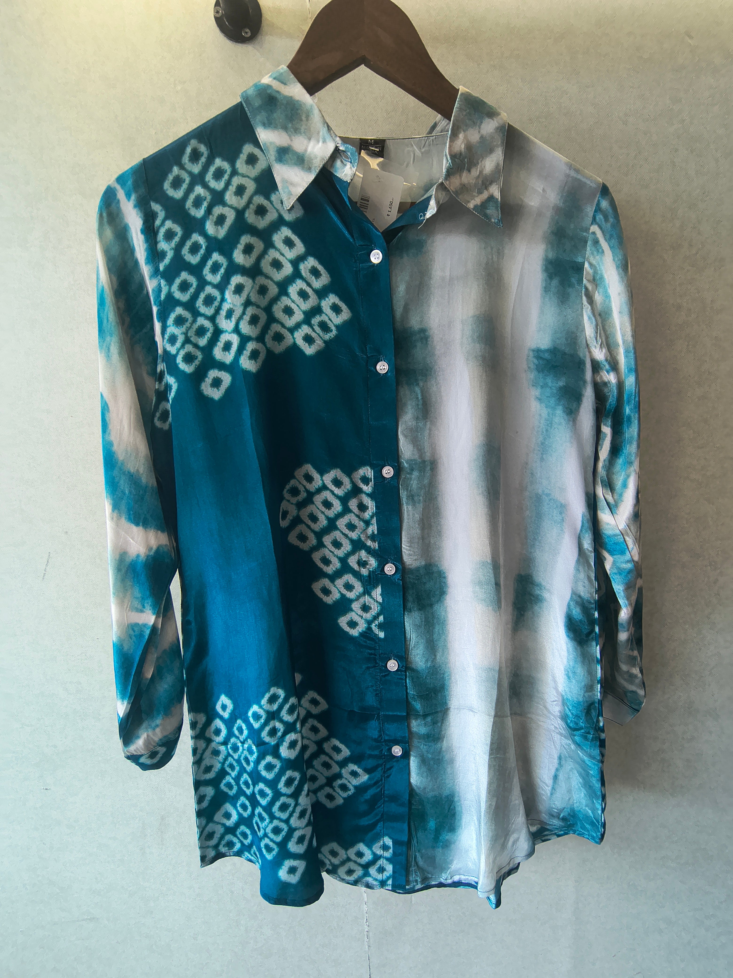 Image of Teal Shibori Print Satin Shirt Style Tunic