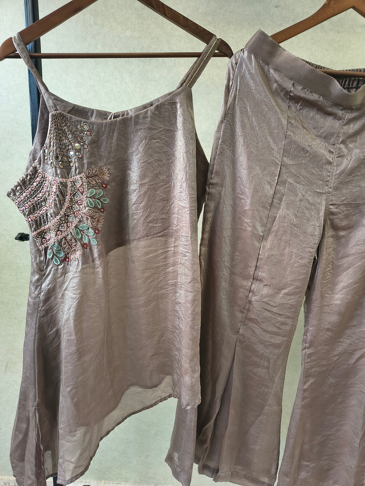 Steel Grey Asymmetrical Embroidered Indo-Western Kurta Set with Straight Pants & Dupatta – 3 Piece Designer Co-Ord Set