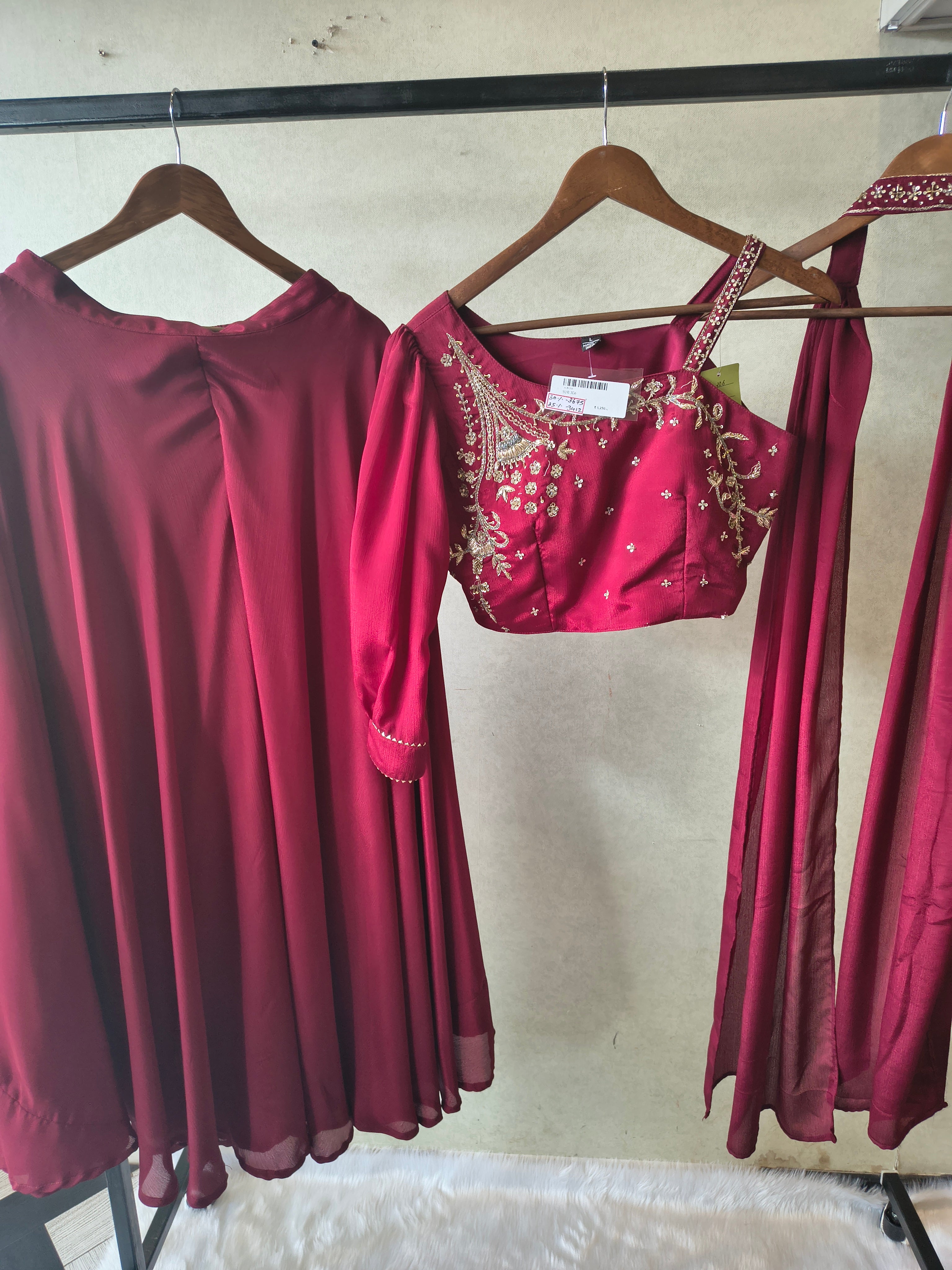 Image of Premium Wine Satin Silk 3-Piece Lehenga Set with Hand Embroidered One-Shoulder Blouse & Dupatta