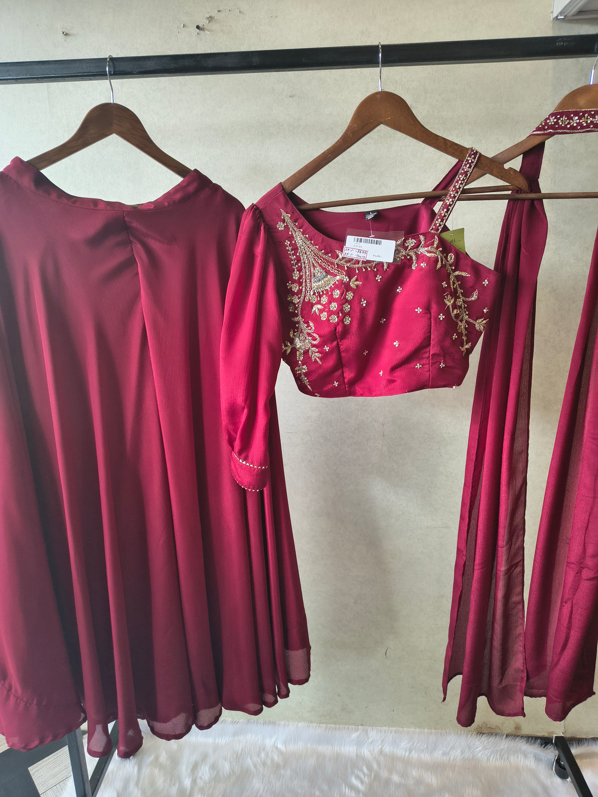 Premium Wine Satin Silk 3-Piece Lehenga Set with Hand Embroidered One-Shoulder Blouse & Dupatta