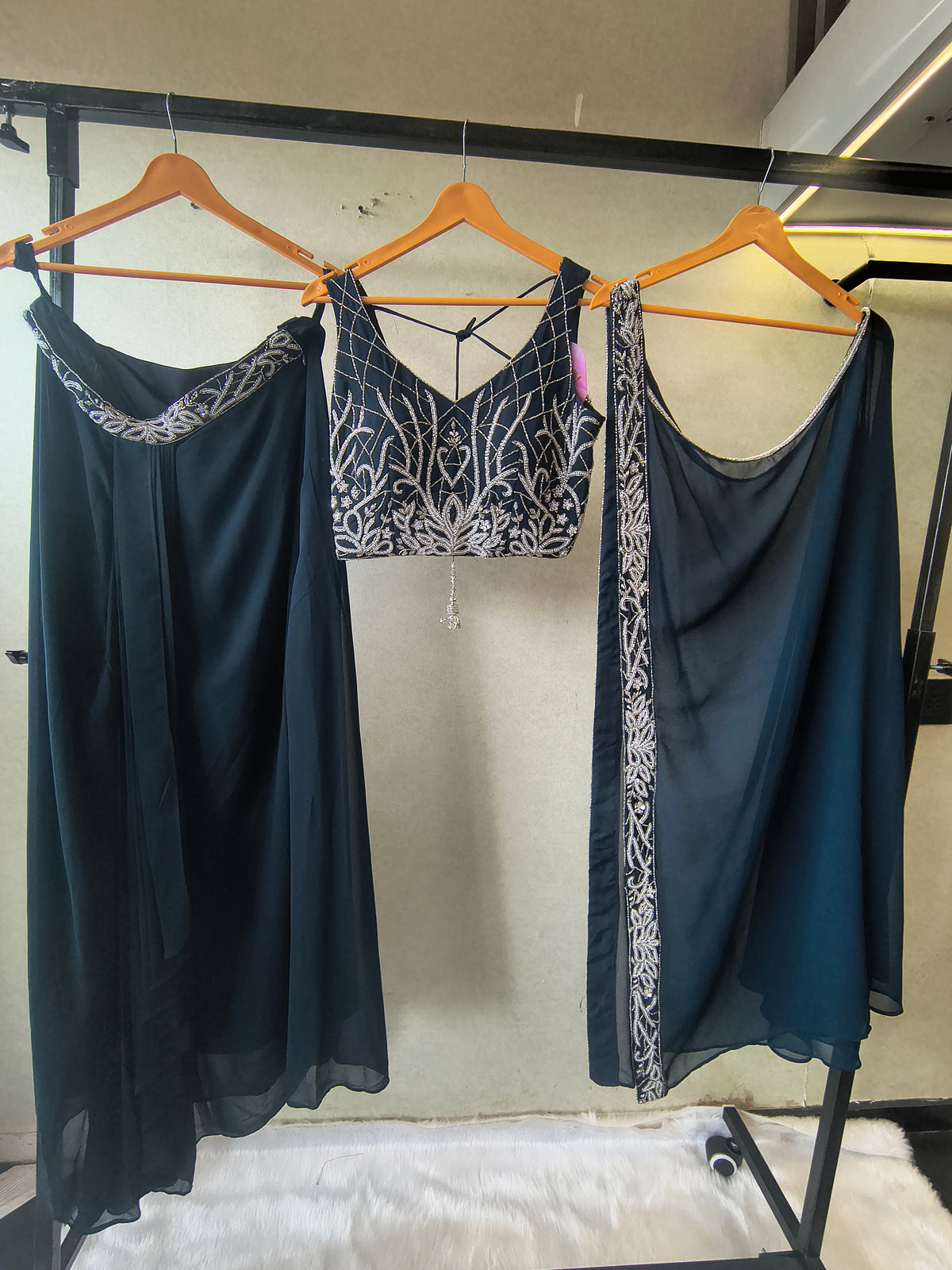 Midnight Navy Embroidered Designer Blouse with Flared Palazzo & Embroidered Dupatta – 3 Piece Festive Indo-Western Set
