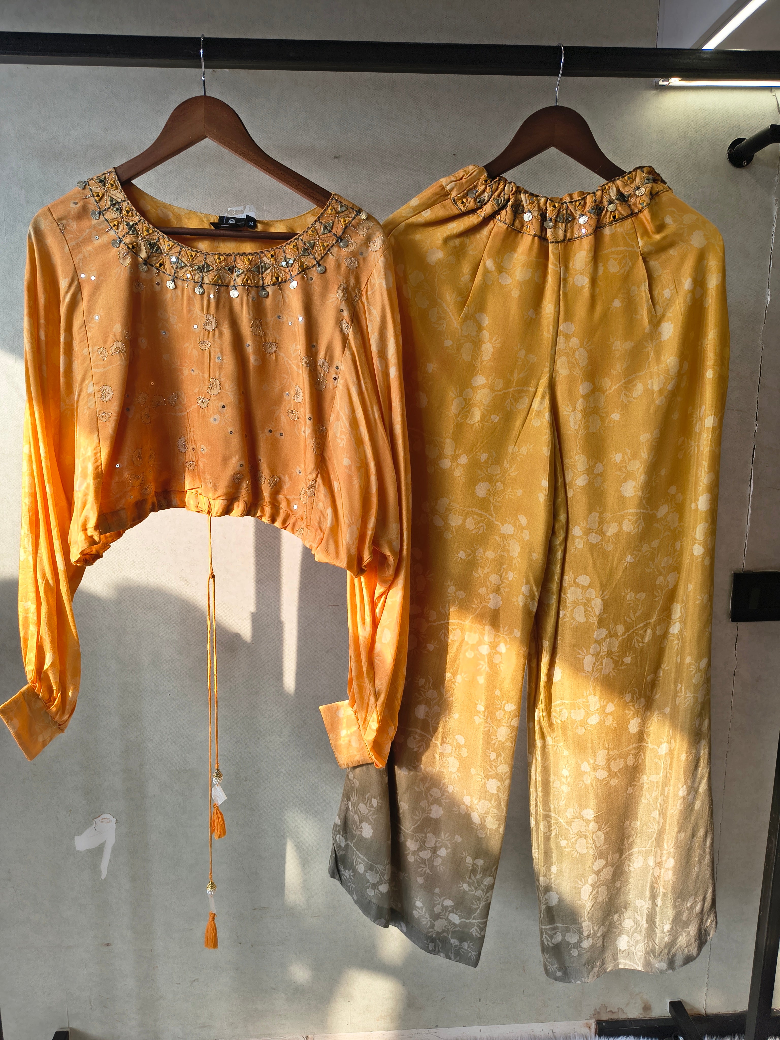 Image of Premium Sunset Ombre Embellished Crop Top & Wide-Leg Palazzo Co-Ord Set