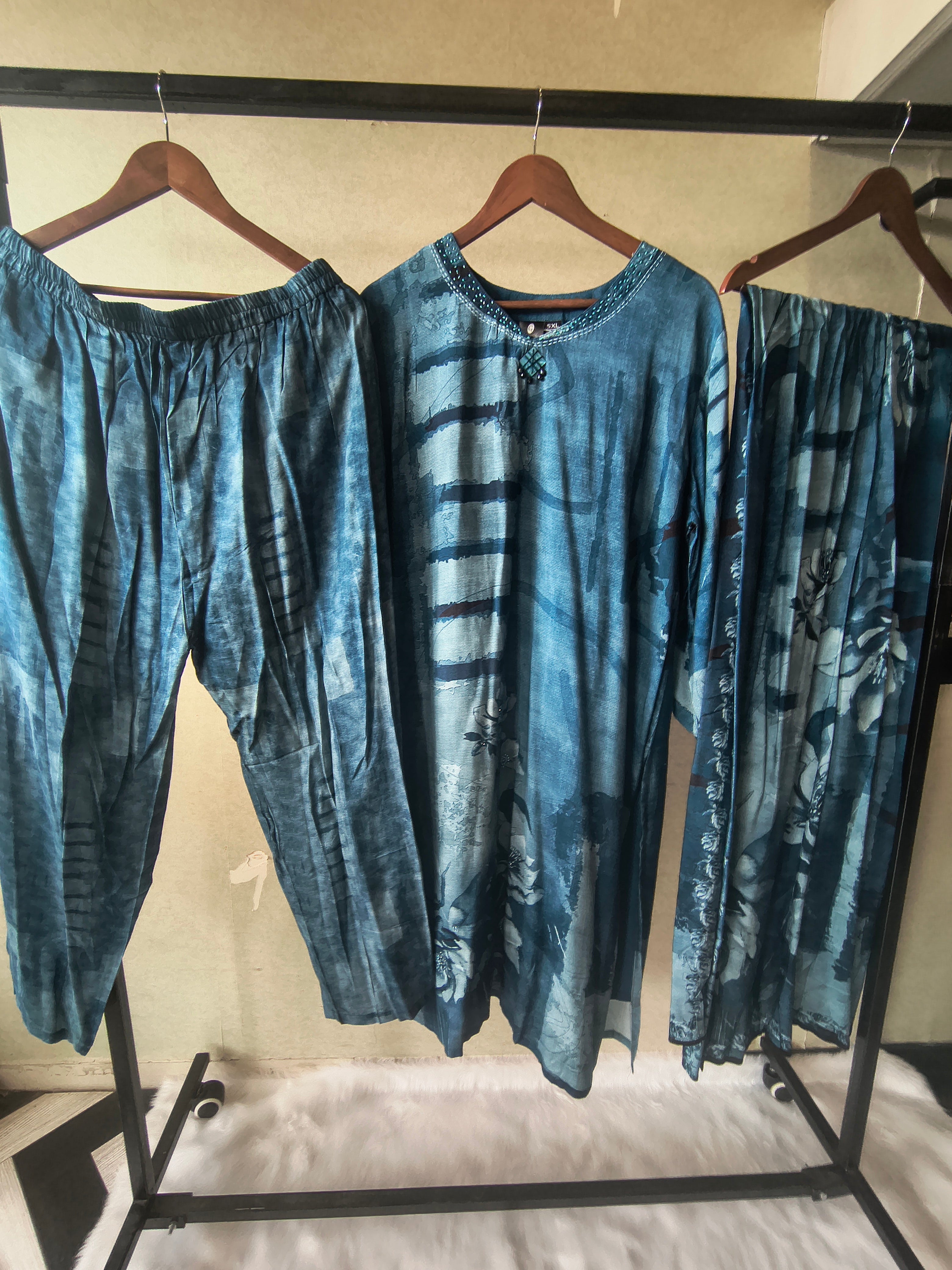 Image of Premium Teal Blue Abstract Printed Kurta Set with Pants & Dupatta