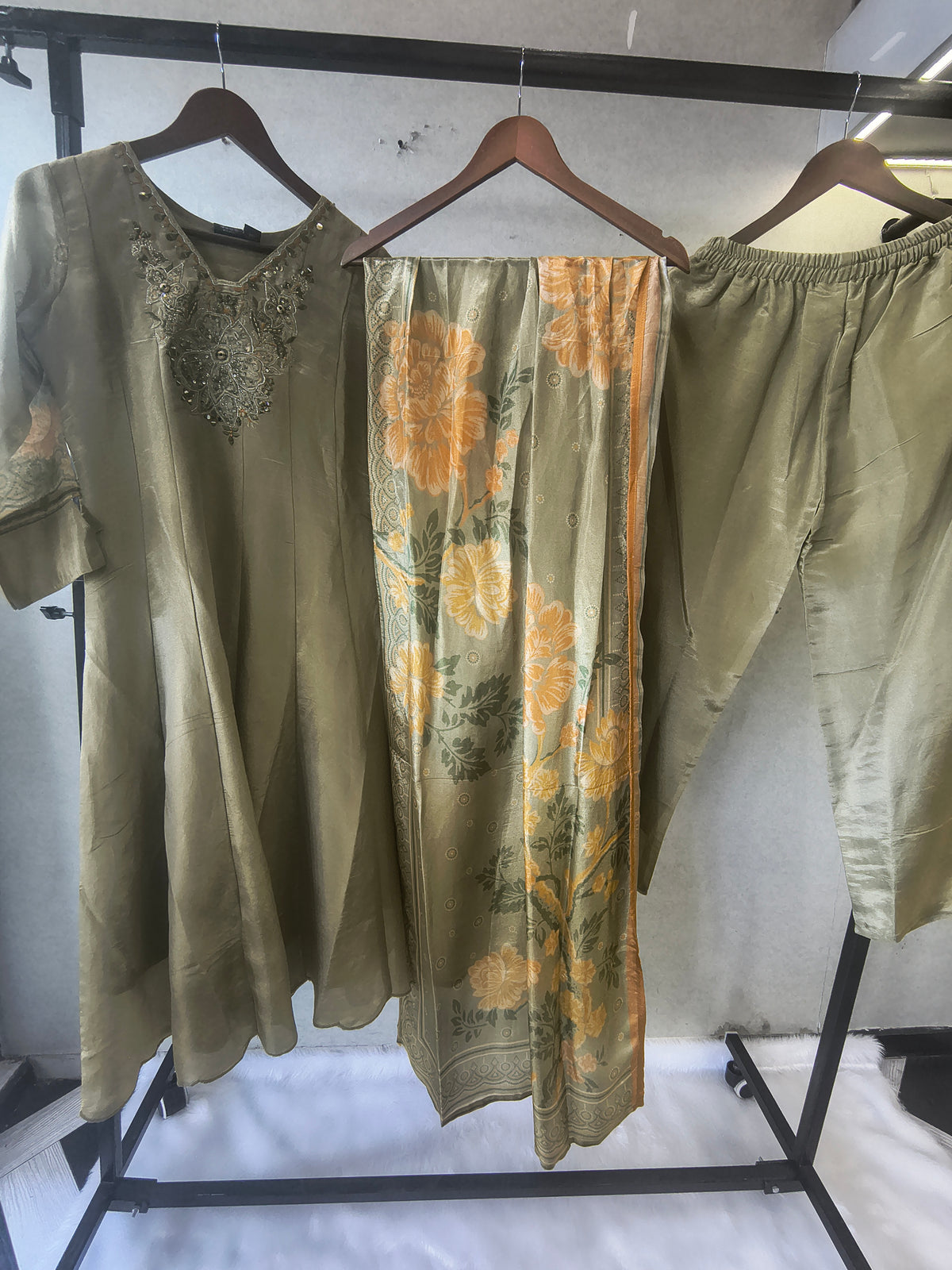 Sage Olive Embroidered Designer Kurta Set with Floral Printed Dupatta | Premium 3 Piece Ethnic Suit