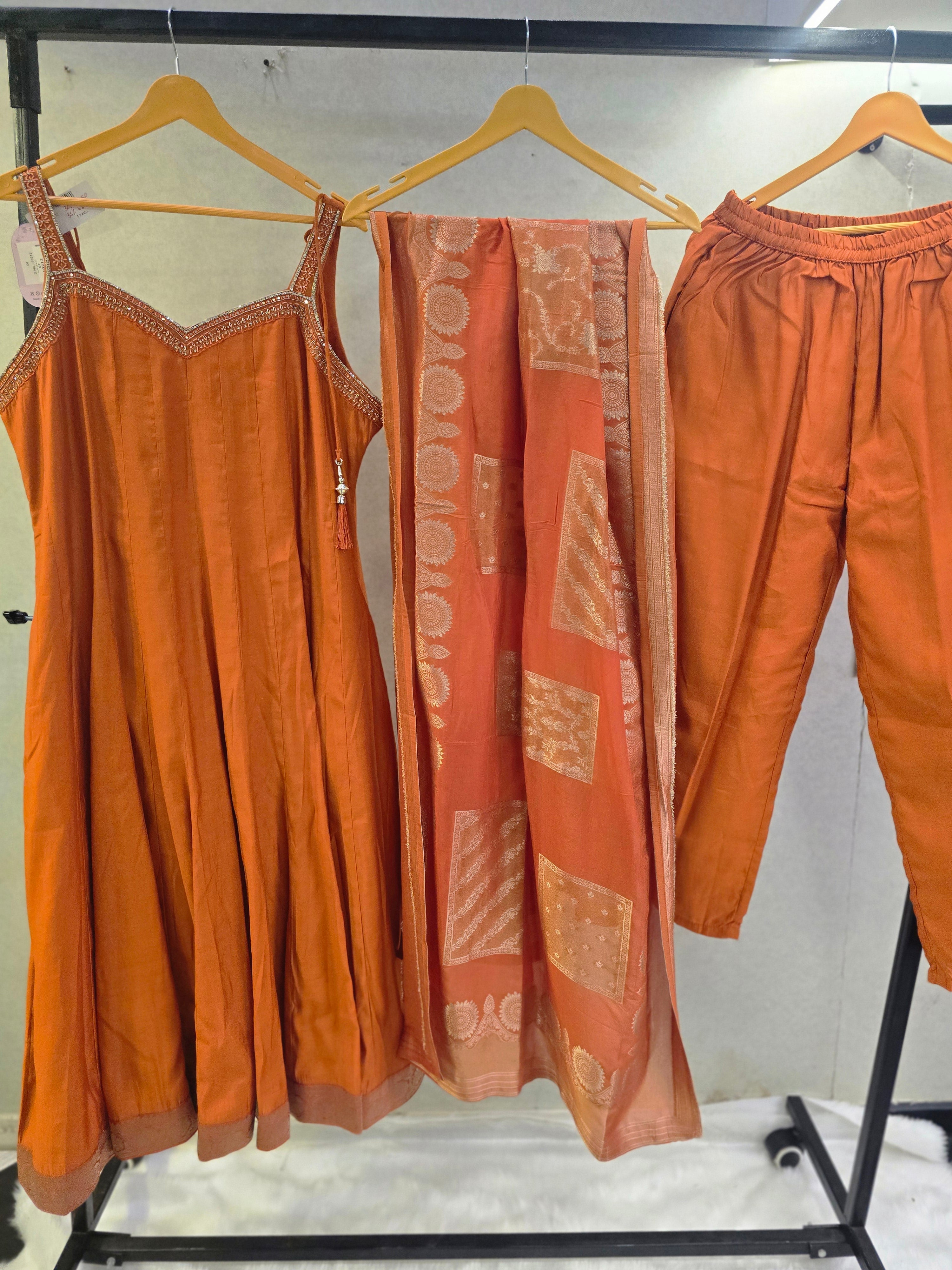 Image of Rust Orange Embellished A-Line Kurta Set with Printed Dupatta | Premium 3 Piece Ethnic Suit